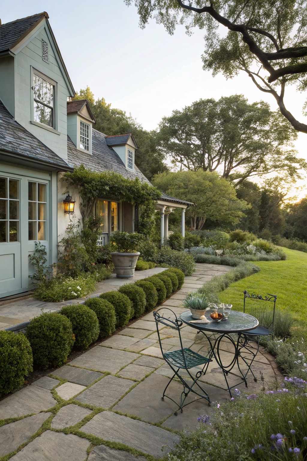 Light blue cottage house with climbing vines and a lantern beside a flagstone pathway edged by round boxwood shrubs leading to a green metal bistro table and two chairs, surrounded by plantings and lawn in evening light.