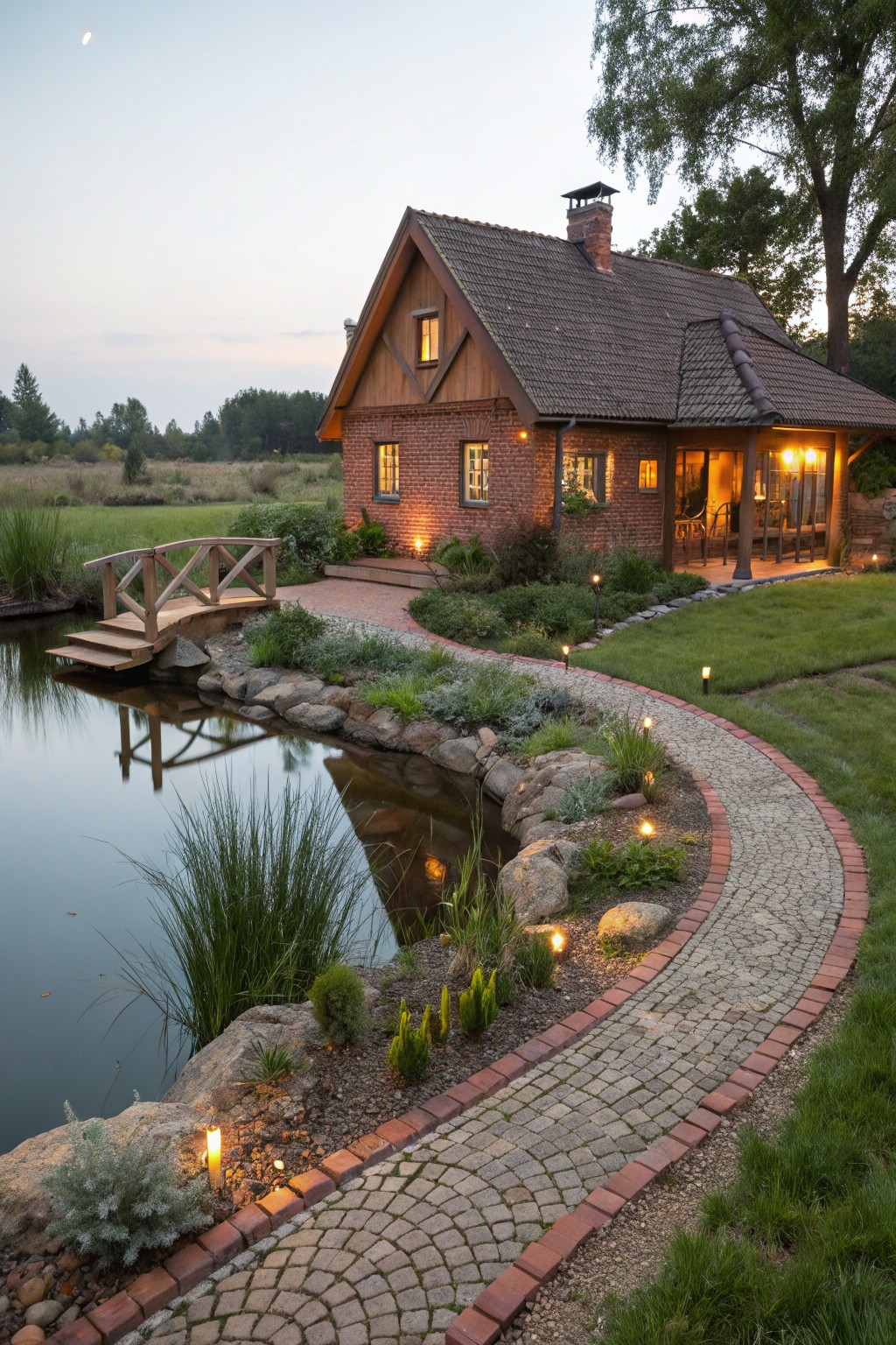 Gabled brick house at dusk with warm window lights, wooden bridge over a pond edged in rocks, curved cobblestone path bordered by red brick, garden plants and path lights.