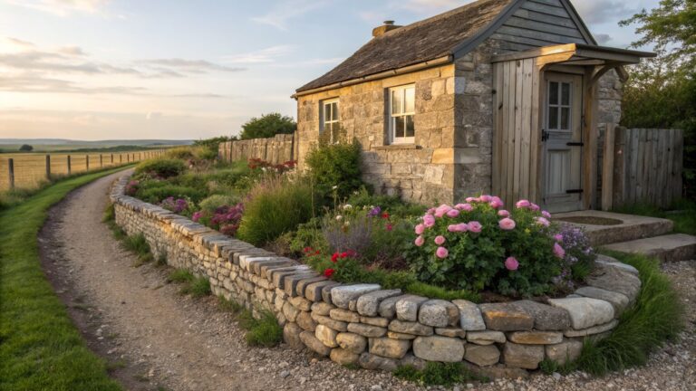 21 Rustic Garden Edging Ideas for a Cozy Cottage Vibe Curved low stone wall edged with pink roses and greenery along a winding flagstone path leading to a rustic stone cottage with wooden door, overlooking grassy hills at sunset.