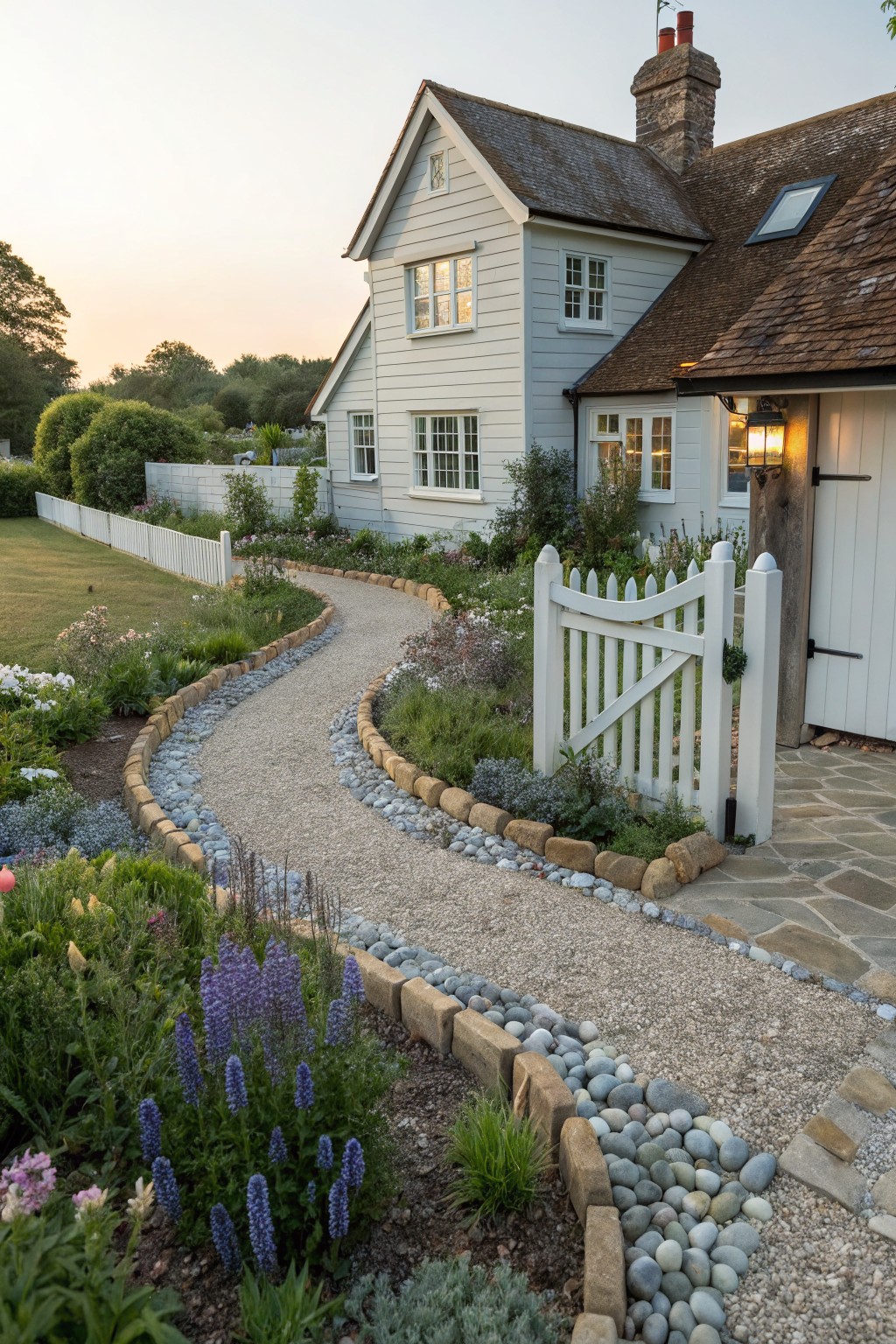 White clapboard cottage house beside a curved gravel pathway edged with stones and plants, leading to a white picket gate and wooden garage door, with gardens and trees in soft evening light.