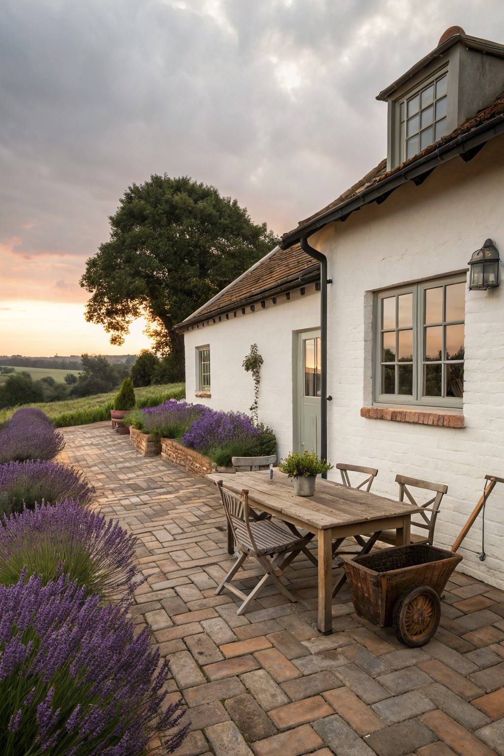 White cottage with gray roof, green door, and windows next to a brick patio edged in lavender plants, with a wooden table, chairs, and old wheelbarrow overlooking green fields at sunset.