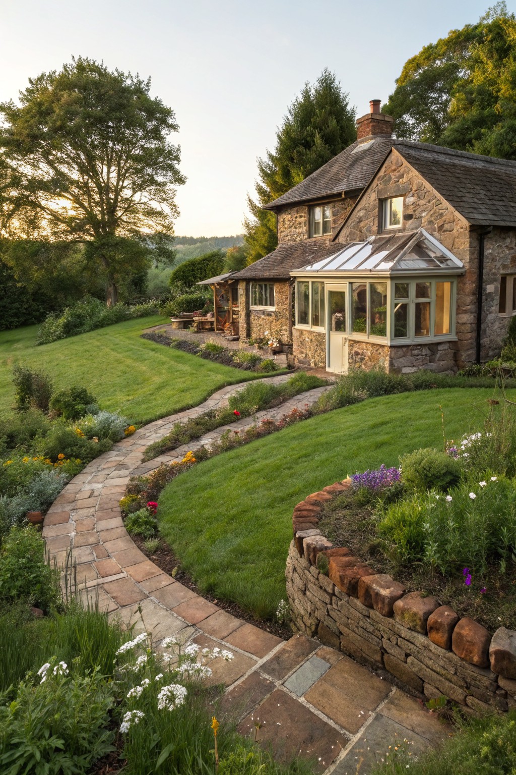 Rustic stone cottage on a grassy hillside with a winding flagstone path bordered by flower beds and low stone walls topped with bricks, plus a glass conservatory extension.