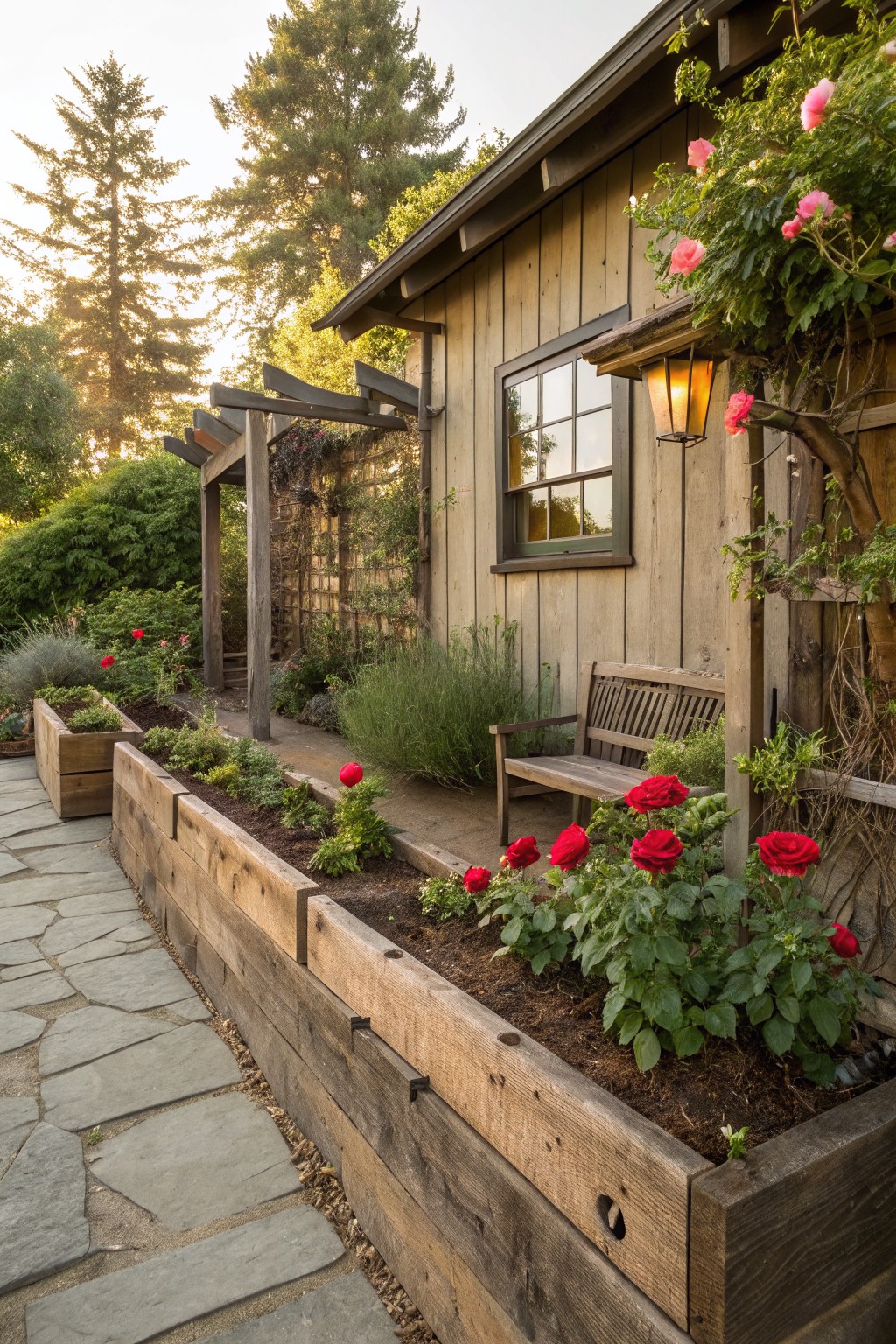 Rustic wooden shed wall beside a stone pathway edged by tall raised wooden planters filled with red roses, herbs, and vegetables, with a wooden bench, climbing roses on a trellis, and a lantern light.