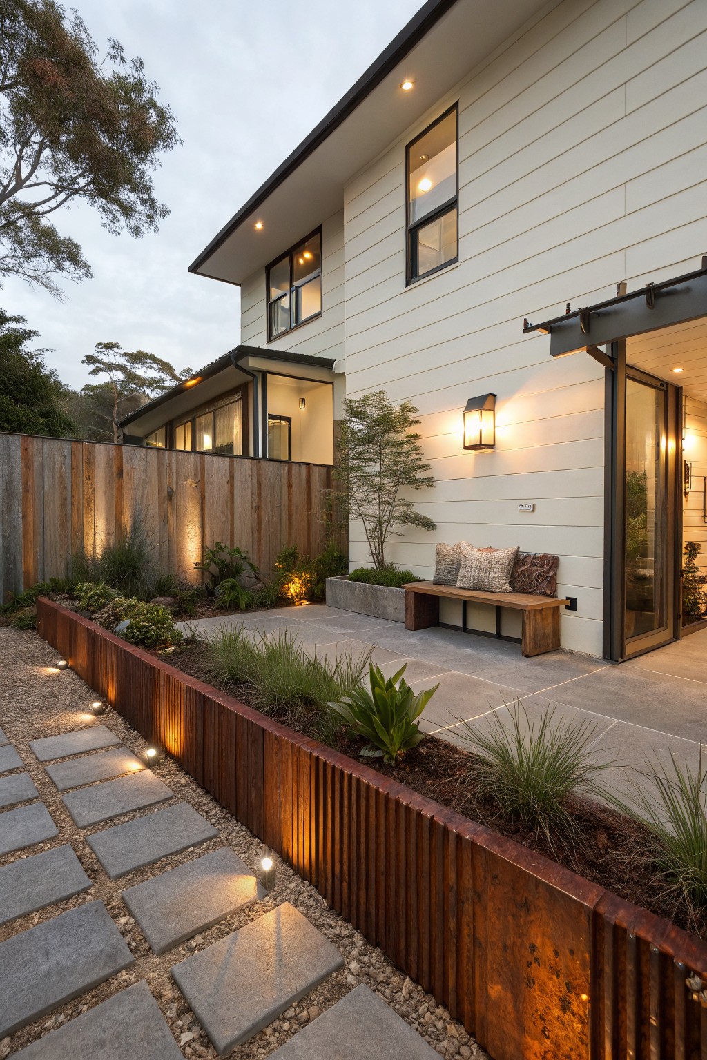 Side exterior of a light-colored house with a concrete paver pathway edged by corrugated rusted metal garden beds containing grasses and plants, a wooden bench nearby, fence, and glass entry door with lighting.