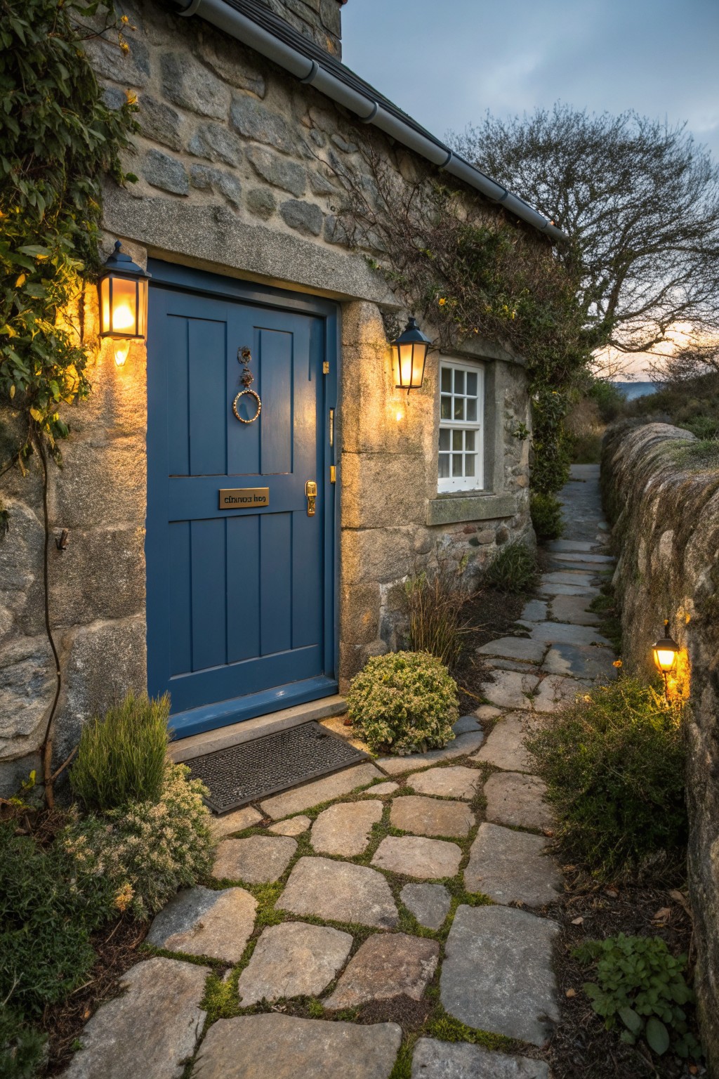 Stone cottage exterior with blue front door illuminated by lanterns, flagstone path edged by plants and dry stone wall leading to the entry.