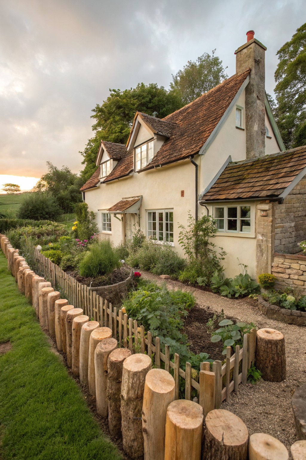 White cottage house next to a garden bordered by upright log slices forming an edging around raised beds with plants, vegetables, and flowers, with picket fencing and a gravel path.