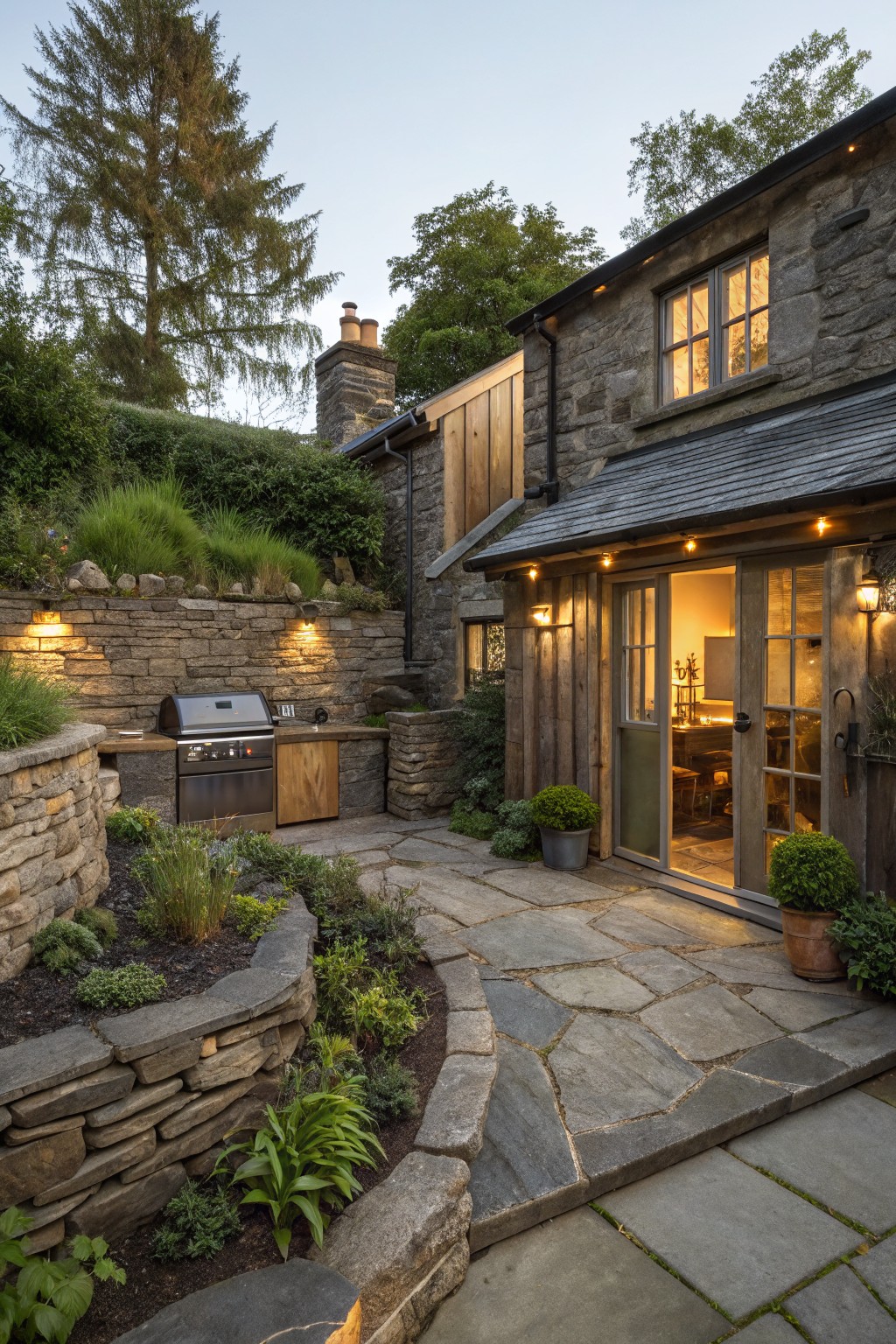 Stone cottage exterior at dusk with built-in barbecue in stone counter, raised planted beds edged by dry-stacked stone walls, slate patio, and wooden extension with glass doors.