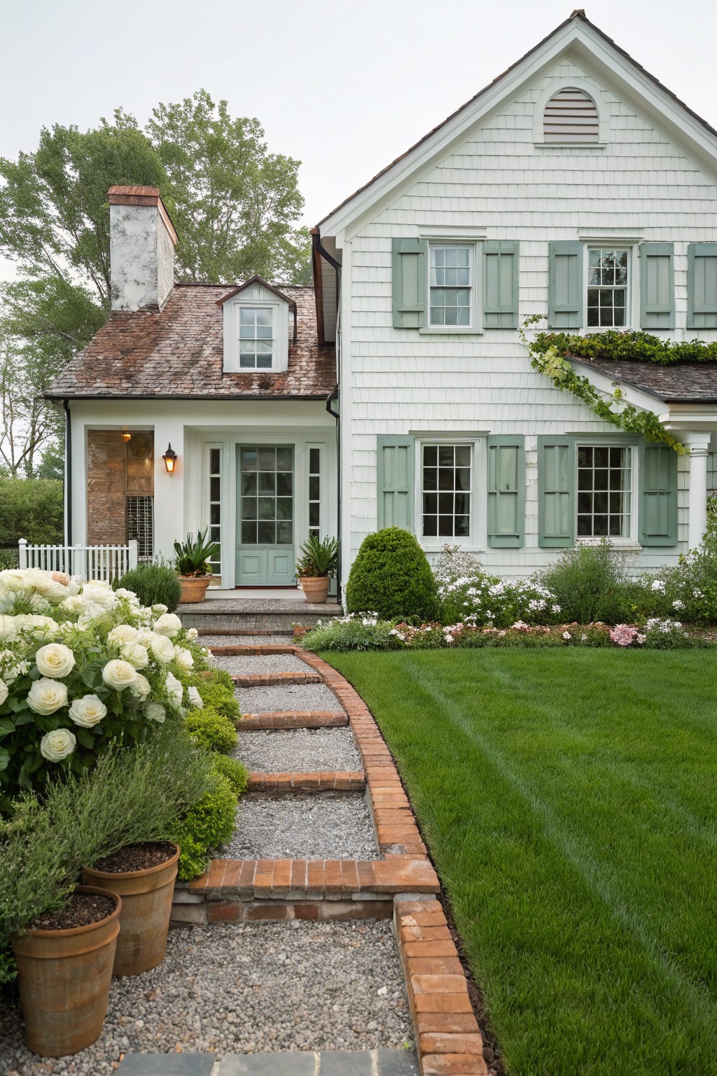 White shingle-style house with green shutters and teal front door on a porch, fronted by brick steps with gravel path edged in bricks beside a green lawn and planted borders with white hydrangeas and potted plants.