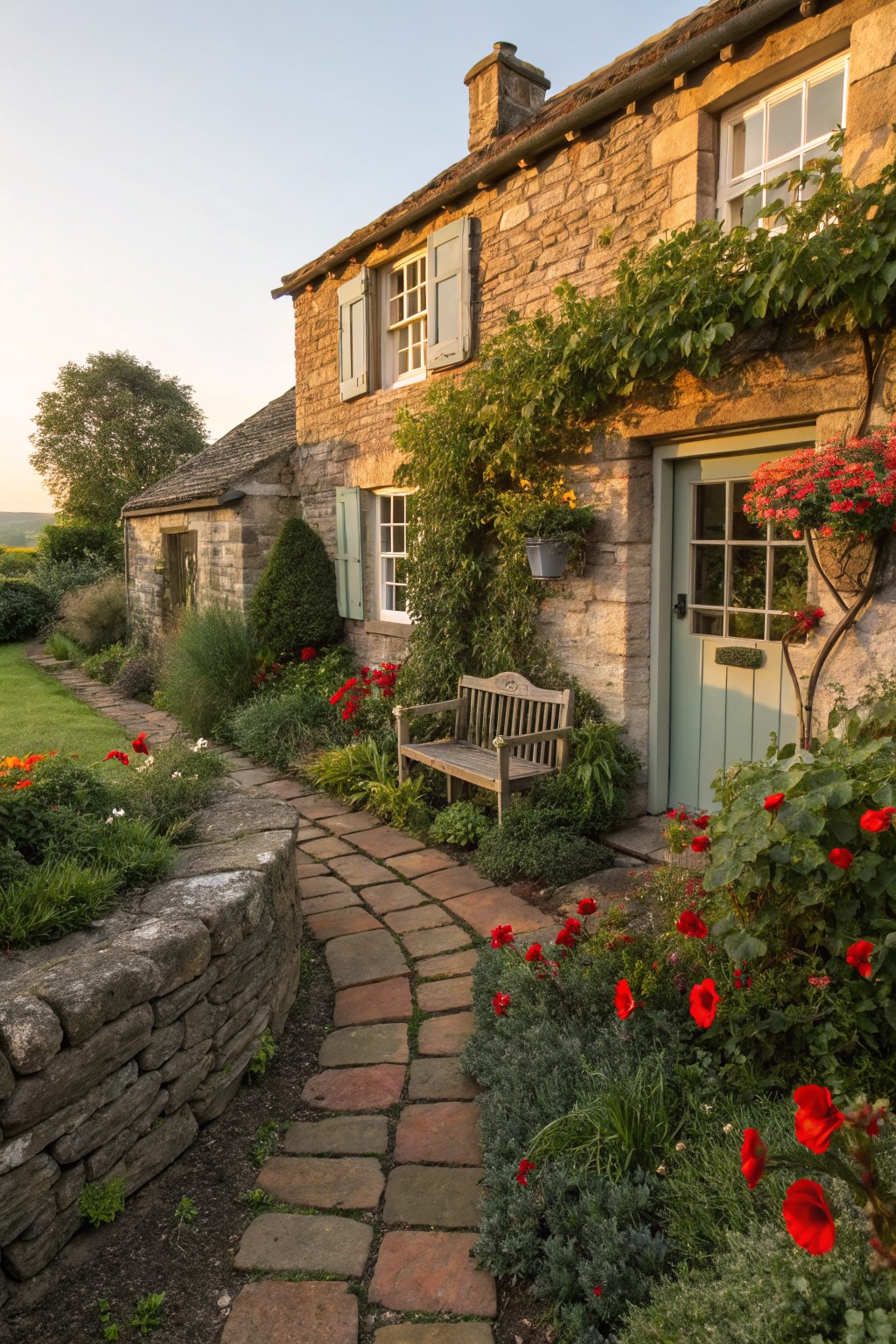 Stone cottage with green front door and red brick path edged by low dry-stacked stone wall, lined with red flowers, green plants, and a wooden bench.