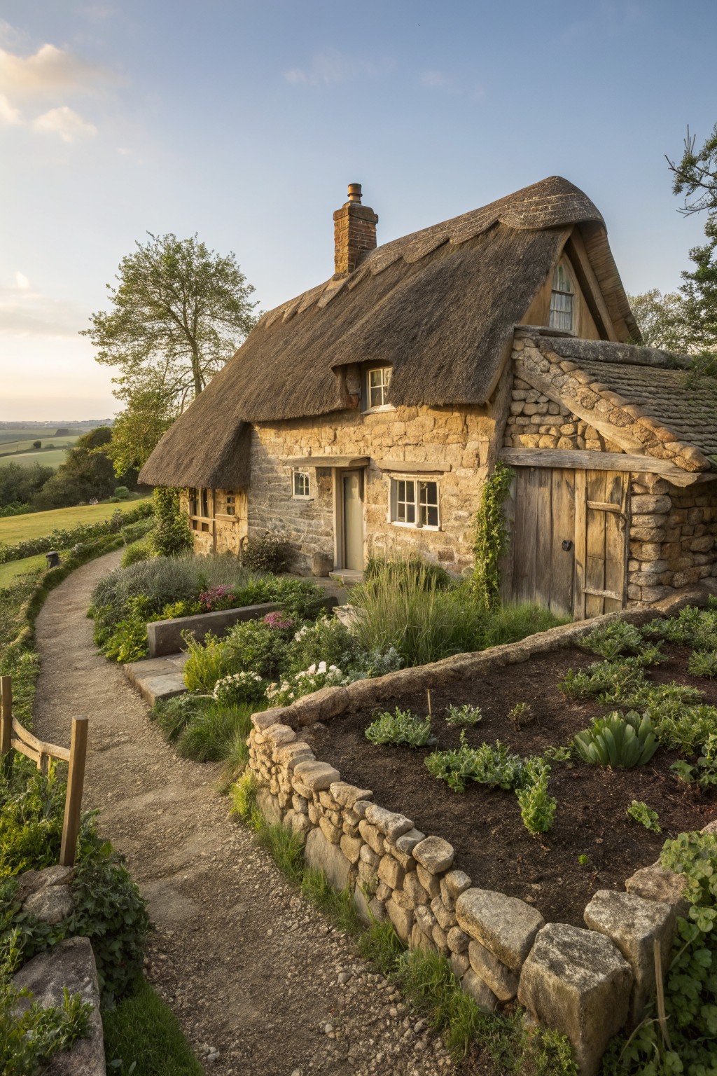 Rustic stone cottage with thatched roof, dry-stacked stone walls forming raised garden beds filled with plants, and a gravel path leading to the entrance.