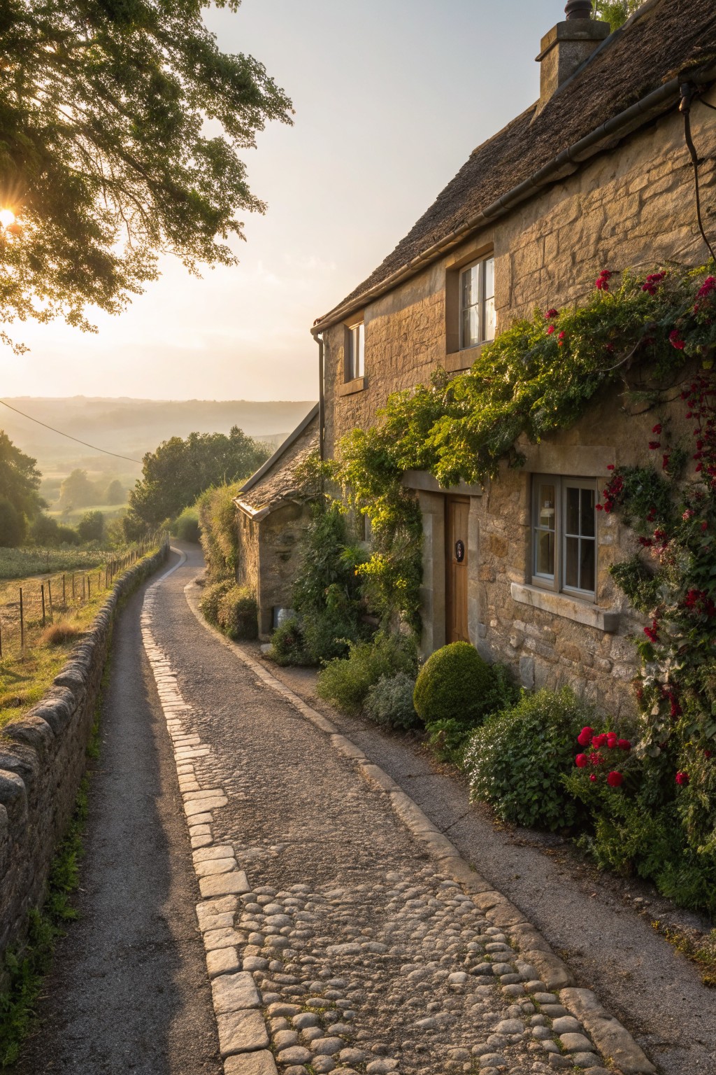 Honey-colored stone cottage with climbing roses and greenery on the walls, next to a narrow cobblestone path edged by low dry stone walls, set against green hills at sunset.