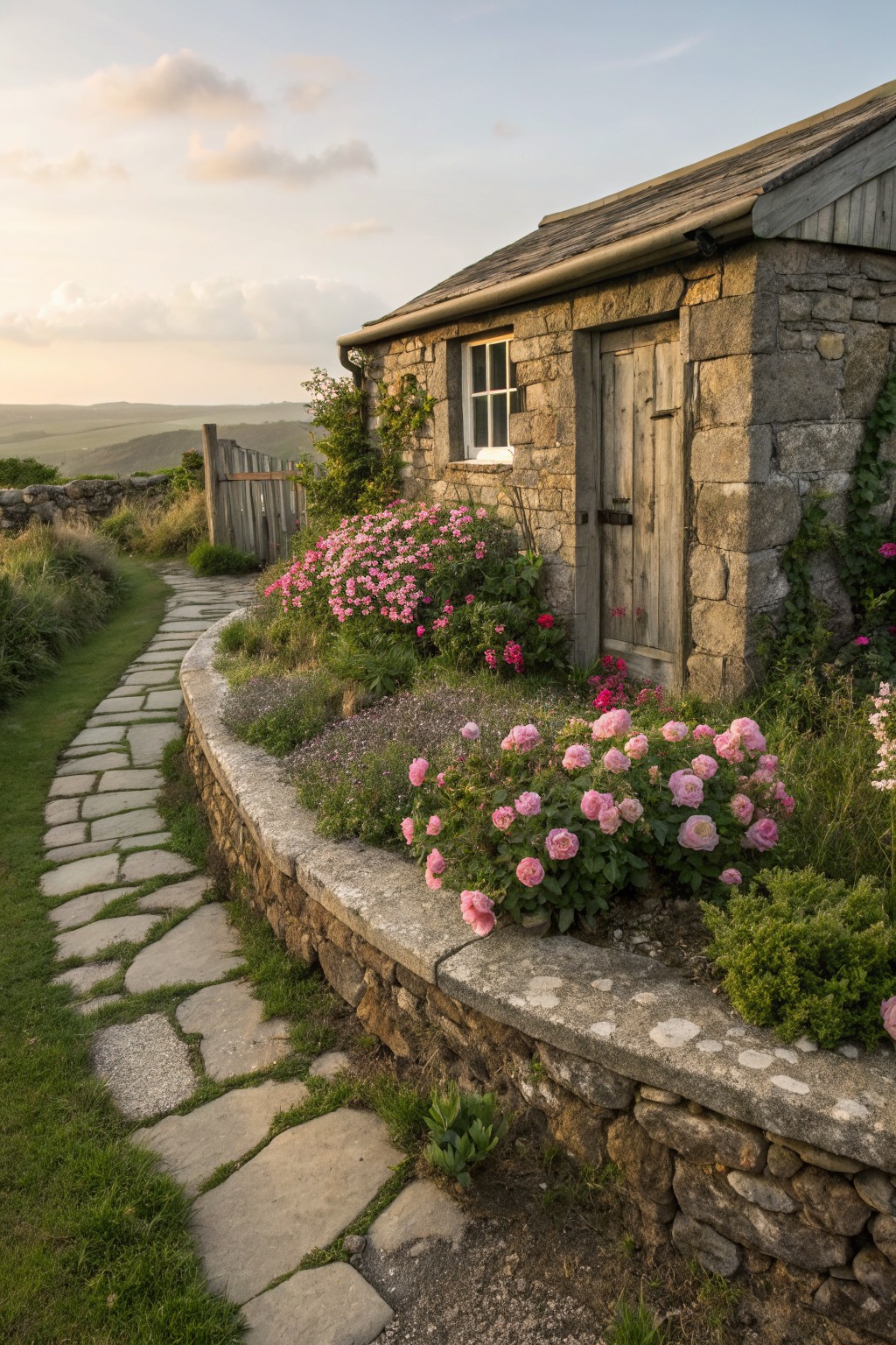 Curved low stone wall edged with pink roses and greenery along a winding flagstone path leading to a rustic stone cottage with wooden door, overlooking grassy hills at sunset.