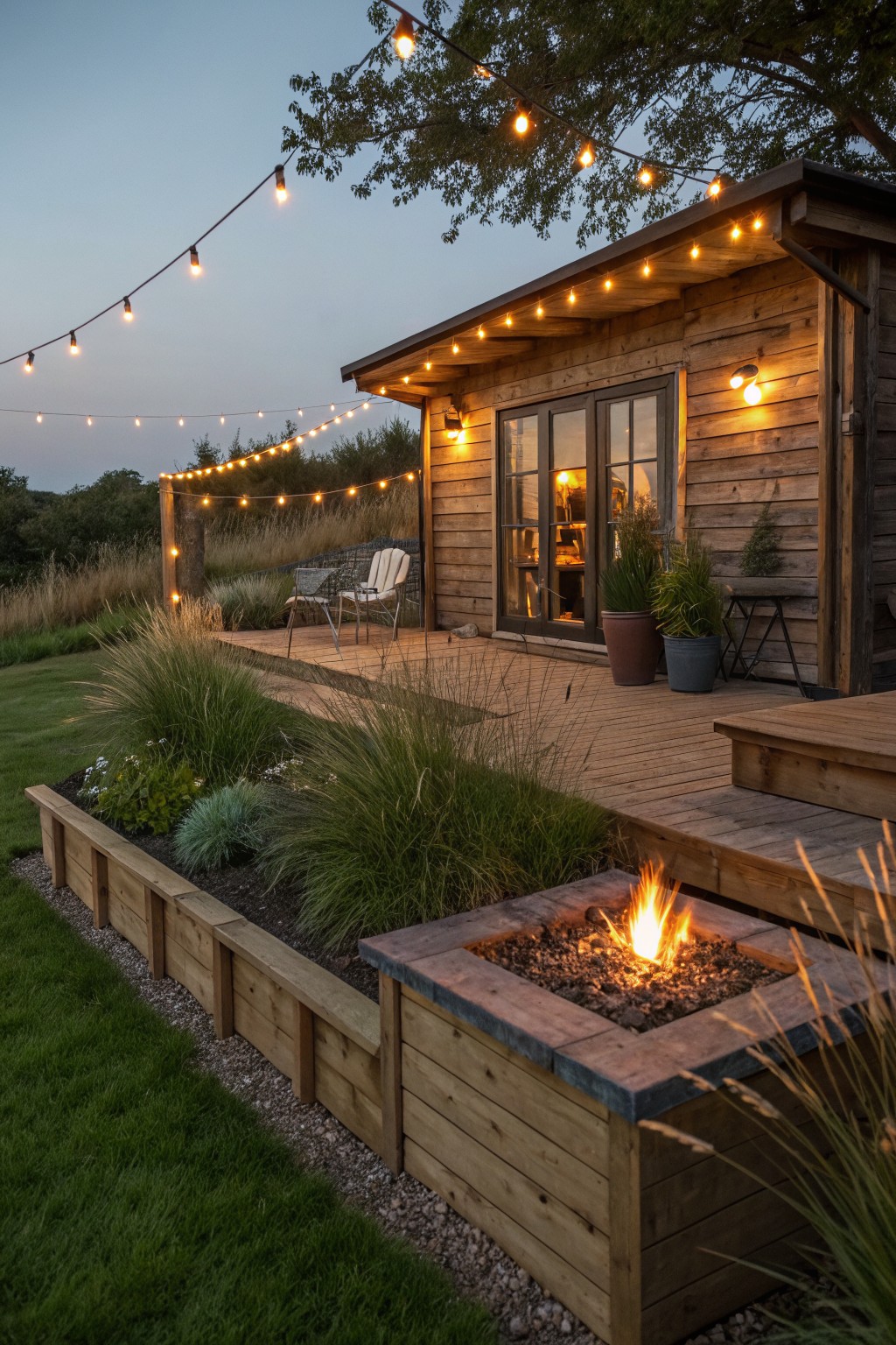 Wooden cabin with deck and large windows, raised timber garden beds along grass edge filled with plants and grasses, fire pit on deck, string lights overhead, at dusk.