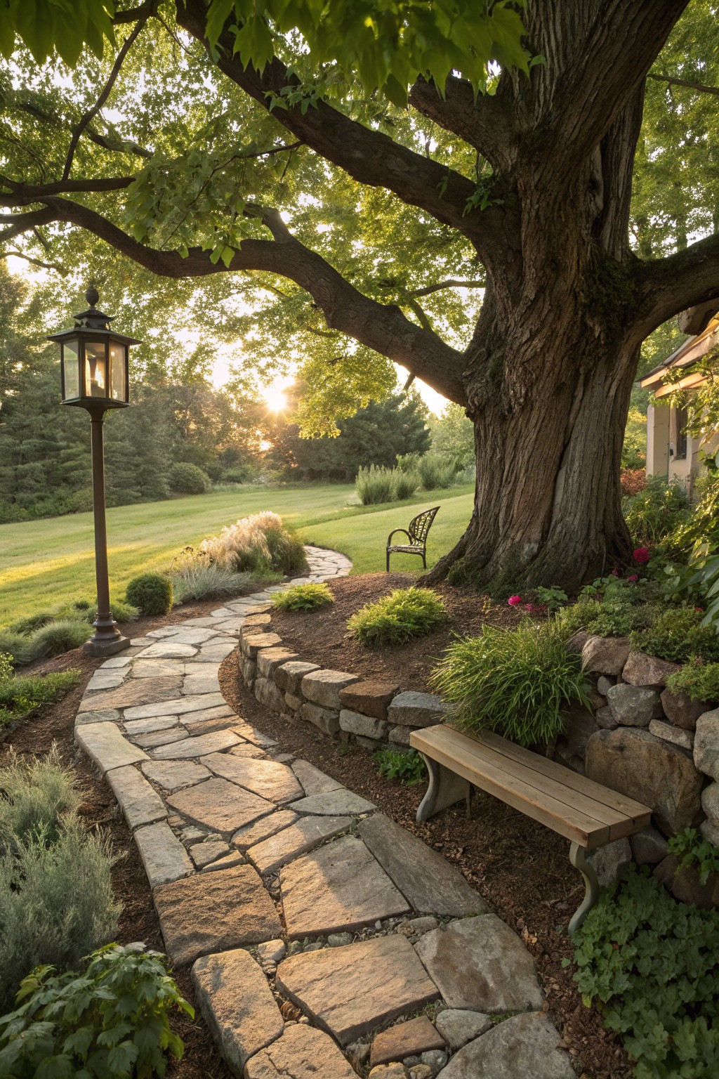 A flagstone path winds around the base of a large tree trunk next to a dry-stack stone retaining wall planted with grasses and flowers, featuring a wooden bench, metal chair, lantern post, and lawn in the background.