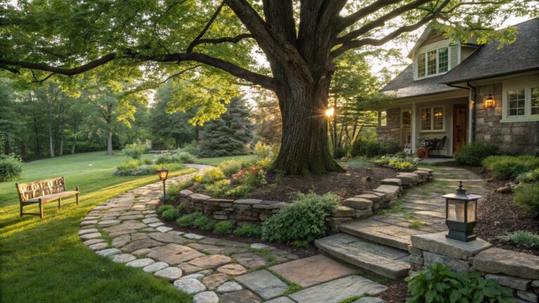 A flagstone path winds around the base of a large tree trunk next to a dry-stack stone retaining wall planted with grasses and flowers, featuring a wooden bench, metal chair, lantern post, and lawn in the background.
