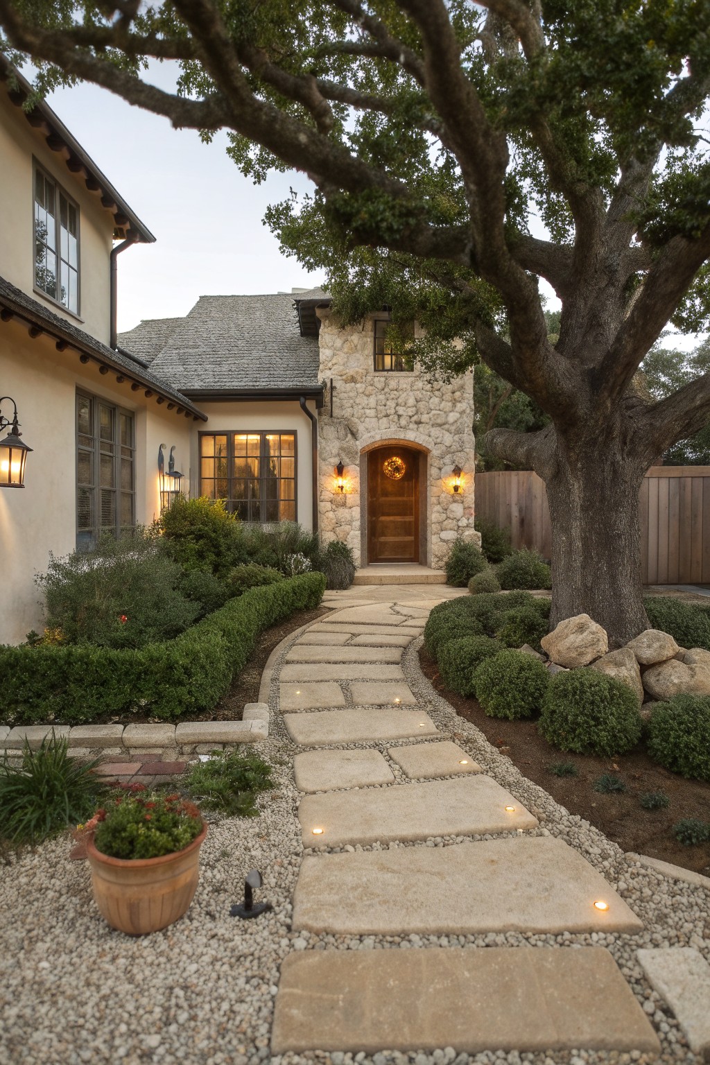 Beige stucco house with stone arch entryway and wooden door, approached via irregular flagstone path through gravel ground cover edged by boxwood shrubs and large rocks around a large oak tree.