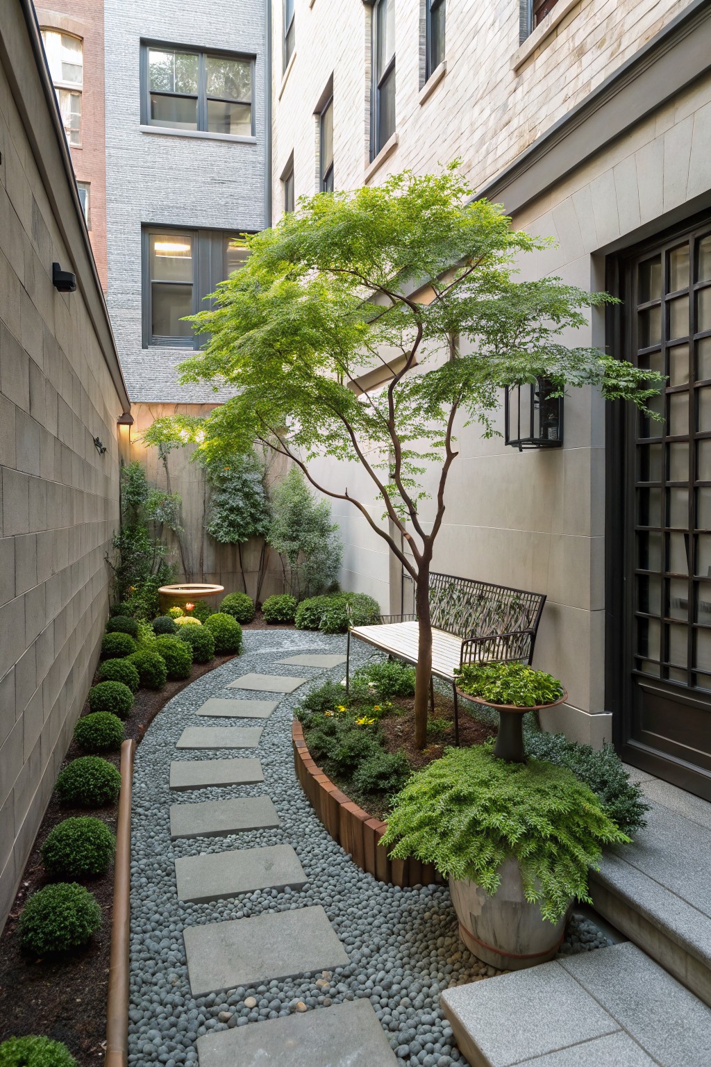 Narrow urban alley garden with a central slender green tree, meandering path of large rectangular gray stone slabs set in light pebble gravel, low rounded green shrubs along concrete walls, wooden bench under the tree, potted plants, and dark wooden door with stone steps.