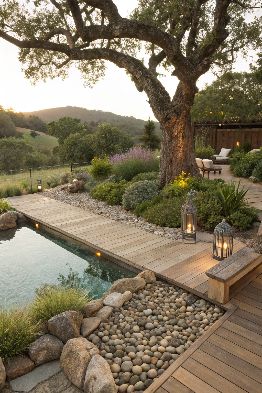 Wooden deck path around an infinity pool edged with large boulders, river pebbles, grasses, shrubs, and a large oak tree, with lanterns and hillside views in the background.