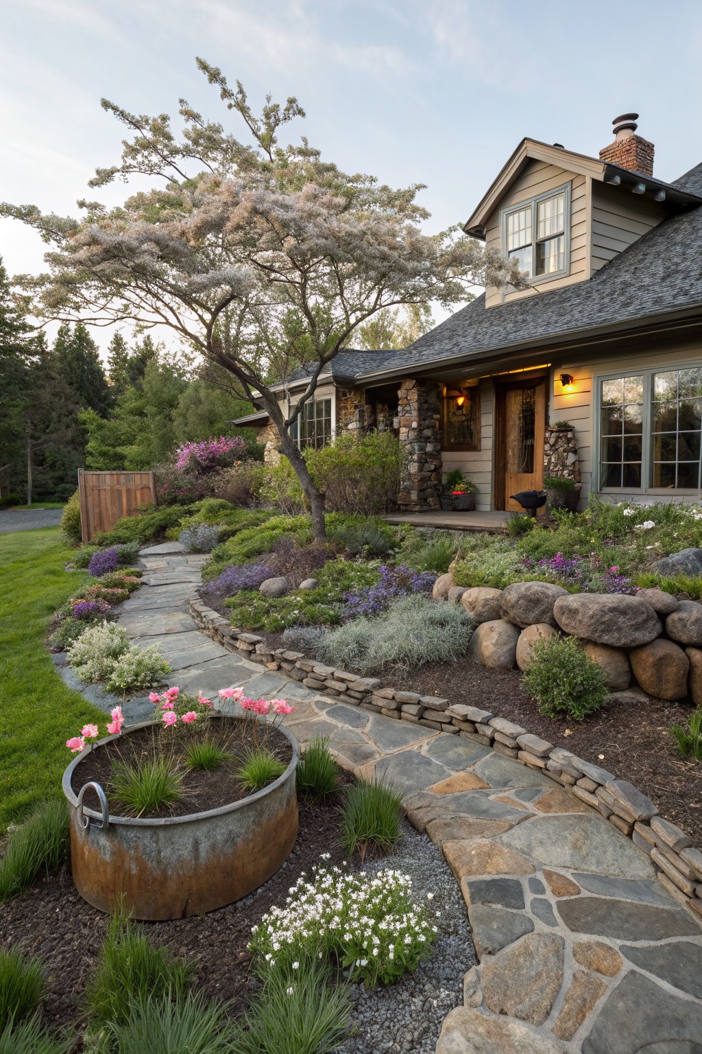 Curving flagstone path bordered by boulder retaining walls and layered perennials leads to a shingled house entrance, with a large flowering tree nearby and a rusted metal tub planter holding pink flowers along the edge.
