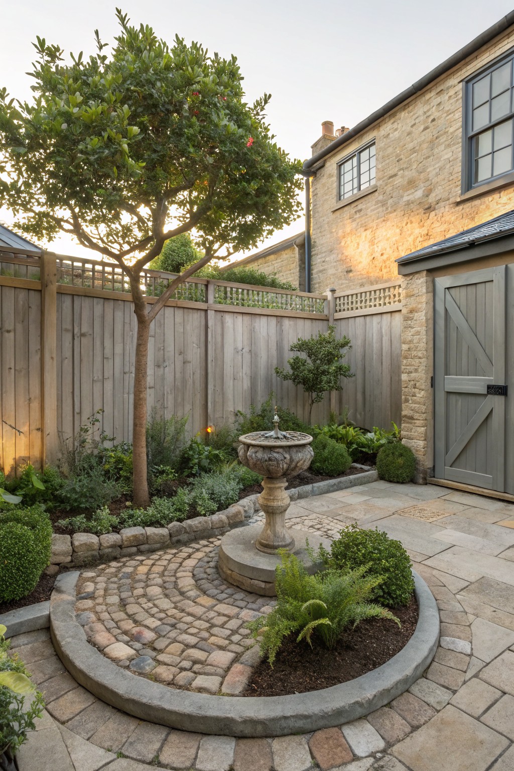 A backyard garden with a central stone fountain in a circular planting bed edged by assorted cobblestones on stone curbing, surrounded by shrubs, ferns, a slender tree, wooden fence, and brick outbuilding.