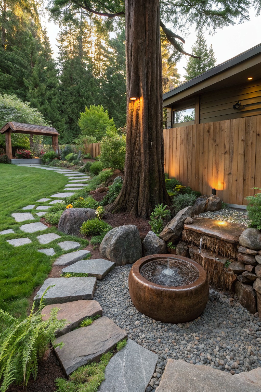 Backyard garden with a copper bowl fountain on stacked rocks surrounded by boulders, gravel, ferns, and irregular stepping stones curving around a large tree trunk, adjacent to grass lawn and wooden fence.