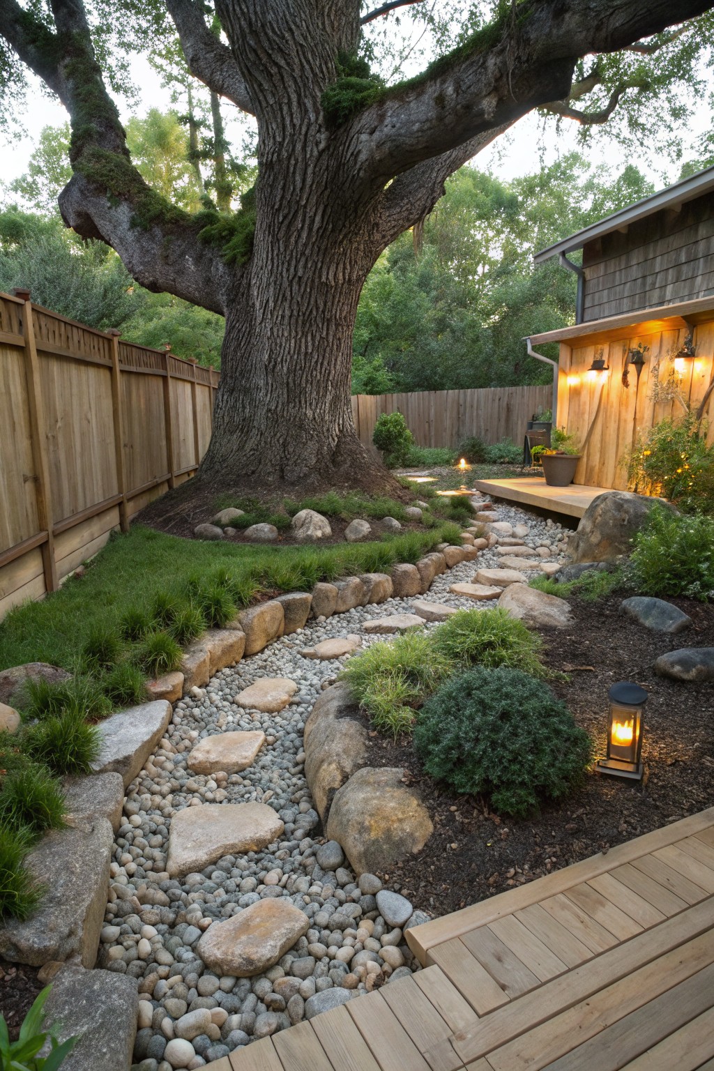 Backyard garden path winding around a large oak tree, made with flat stones in a gravel bed edged by boulders and grasses, adjacent to a wooden deck and fence.