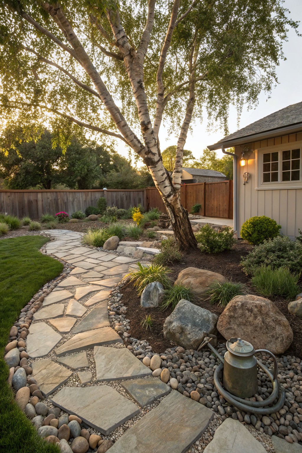 A curved flagstone path winds around a birch tree in a backyard, bordered by pebbles and large rocks, with grasses, shrubs, boulders, a watering can, and a house nearby.