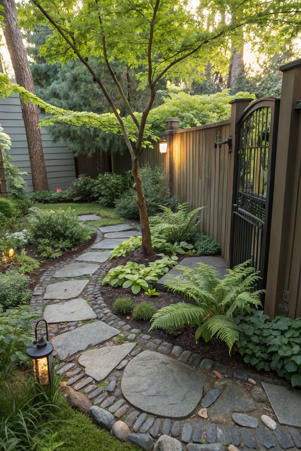 Winding flagstone path edged with small pebbles curves around a slender green tree in a lush garden bed with ferns and hostas, beside a wooden fence with black metal gate and lanterns.