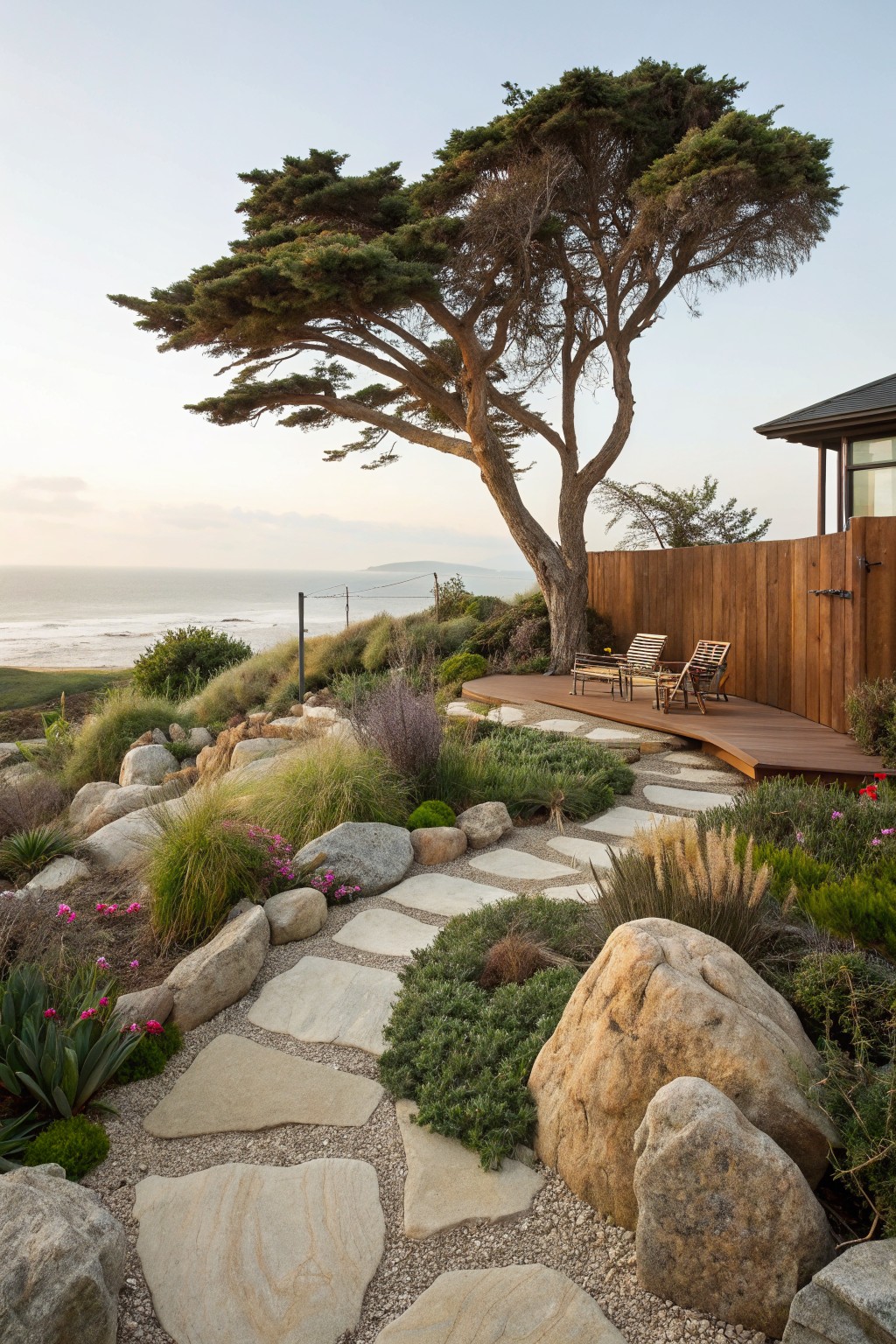 Winding path of irregular beige stone slabs through large rounded boulders, grasses, and succulents around the trunk of a windswept Monterey cypress tree on a coastal slope, leading to a curved wooden deck with two chairs beside a wooden fence and ocean view.