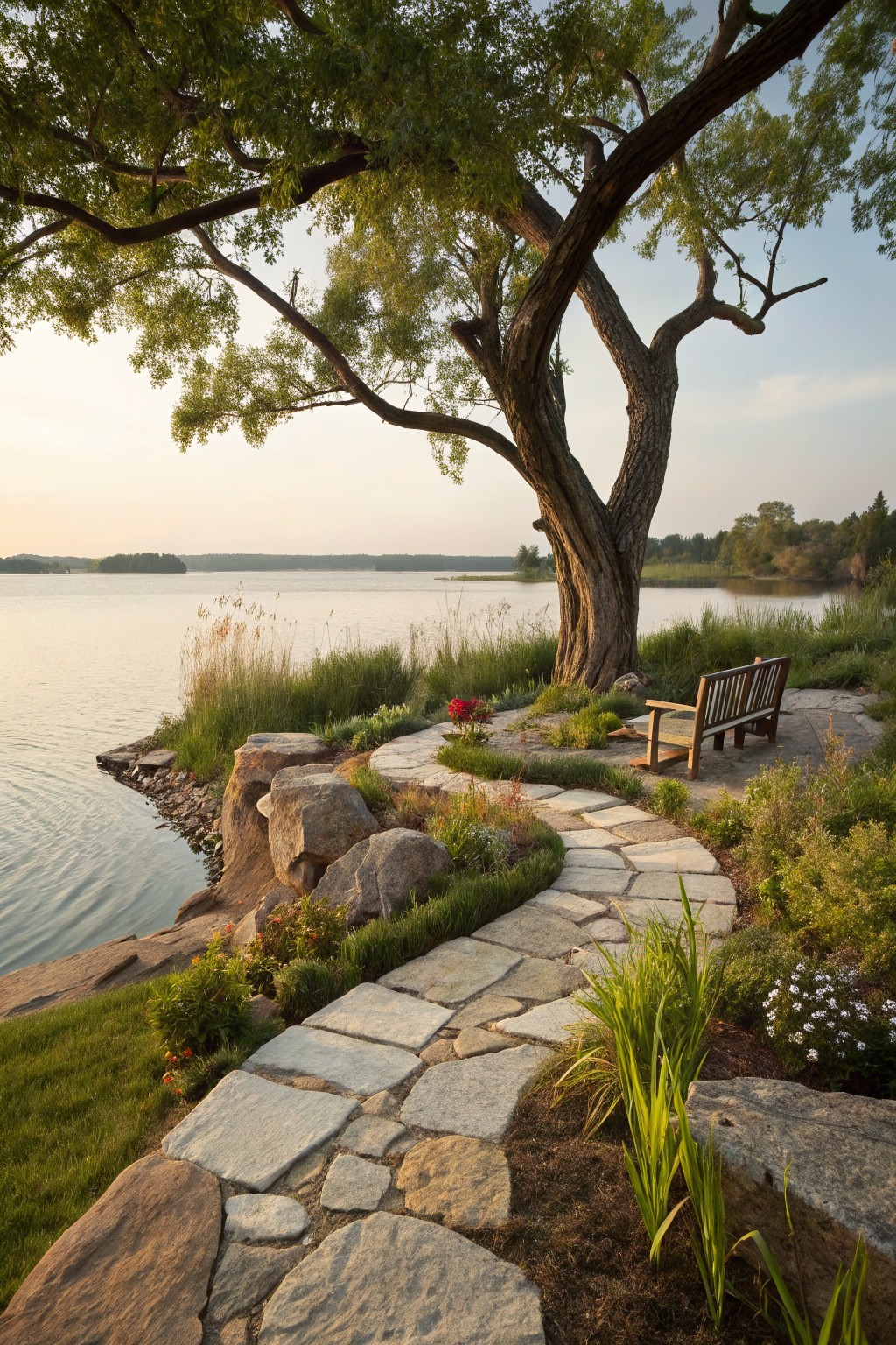 A winding irregular flagstone path curves around the base of a large tree on a rocky lakeside embankment, leading to a wooden bench surrounded by grasses, plants, and boulders.