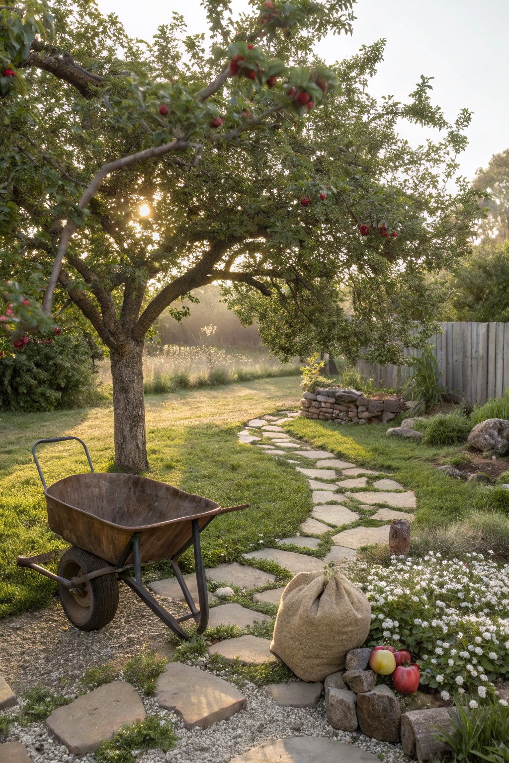 A grassy garden path of irregular flat stones winds under a large apple tree with red apples, next to a rustic wheelbarrow, burlap sack, stacked rocks, flowers, and wood logs.