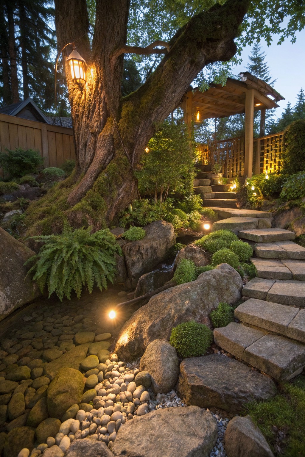 Irregular stone steps wind up a sloped garden path through large mossy boulders, green plants, and a shallow stream beside a massive moss-covered tree, with lantern lights leading to a wooden pergola structure.