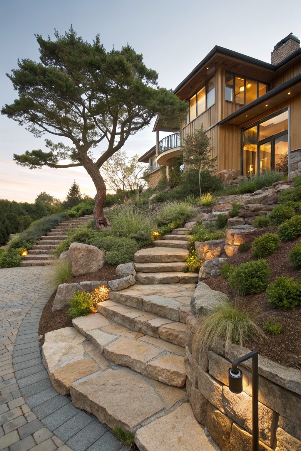 Modern wooden house on a hillside at dusk with winding irregular flagstone steps bordered by large boulders, grasses, shrubs, and a prominent leaning pine tree.