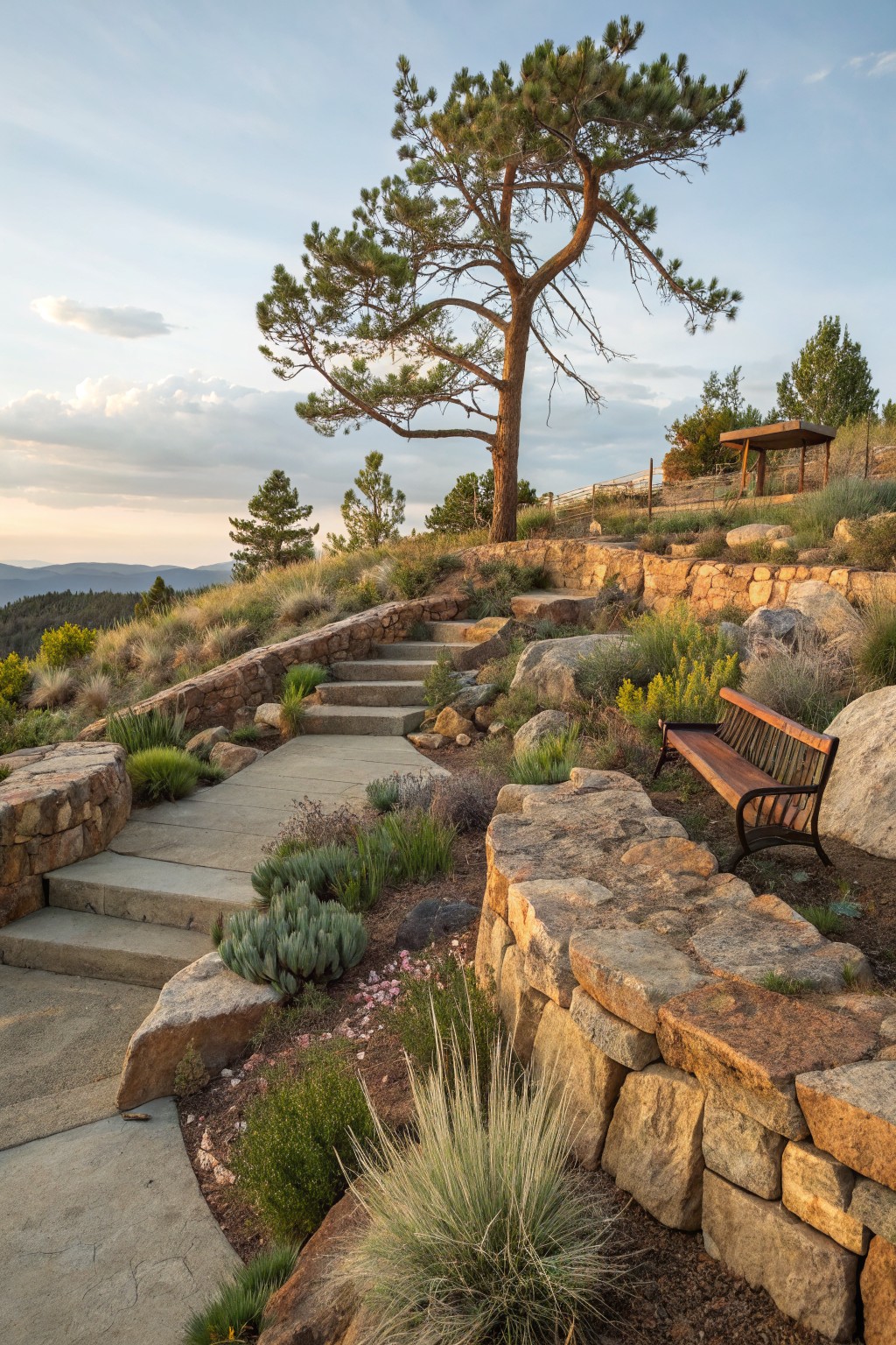 Stone retaining walls and concrete steps terraced on a grassy hillside with native plants, boulders, a wooden bench, and a prominent pine tree overlooking distant mountains in evening light.