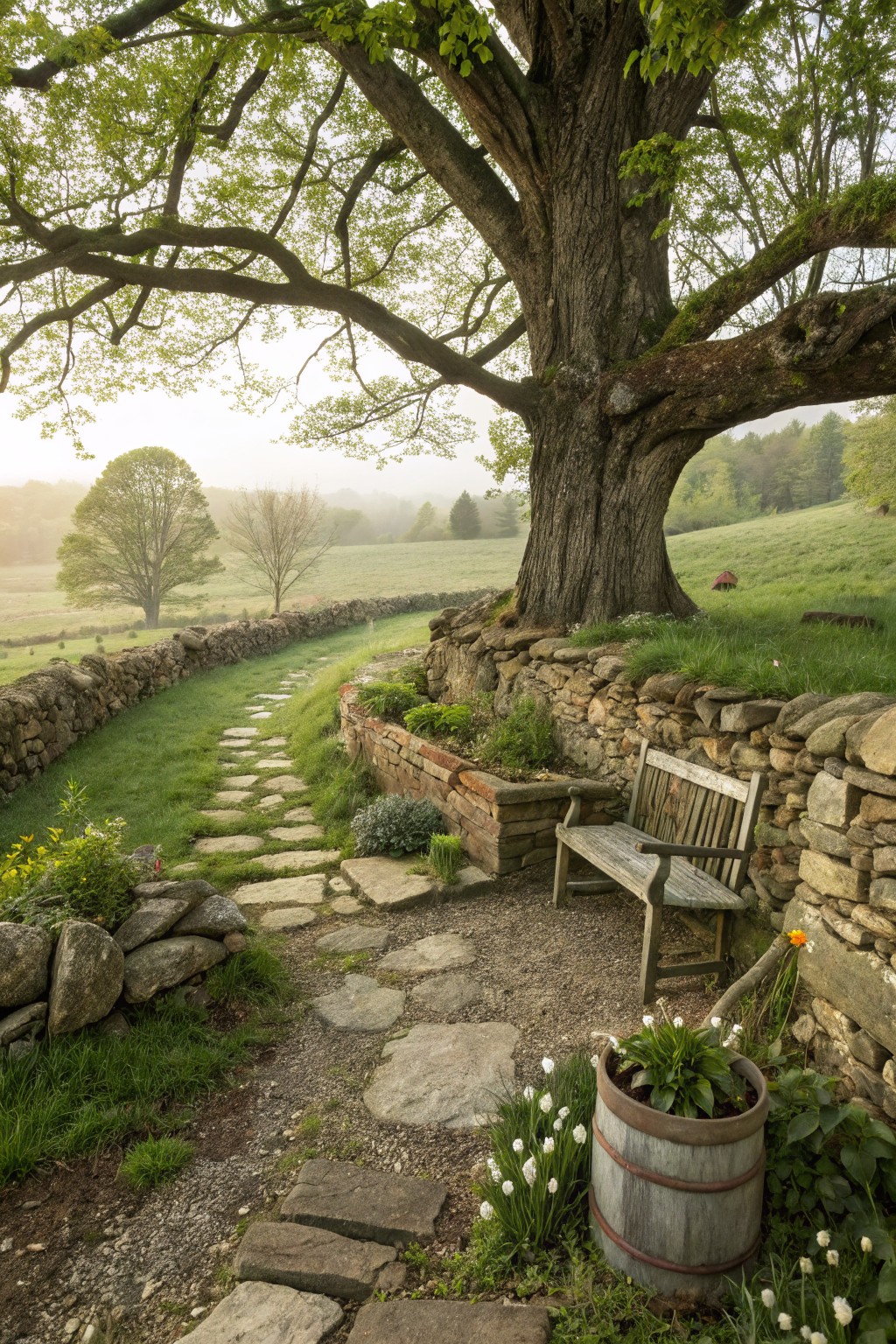 A large old tree with a curving dry-stone wall at its base, a winding stepping stone path leading to a wooden bench, plants in a barrel planter, and misty green fields in the background.