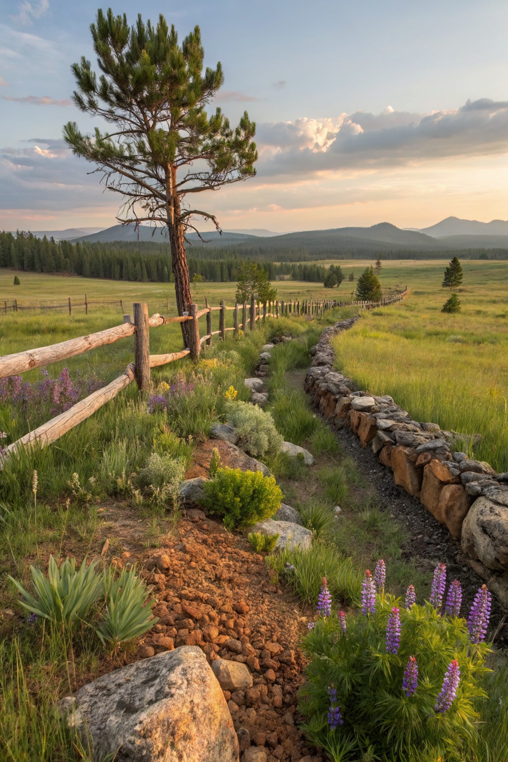 A narrow winding dirt path edged by a low dry-stacked stone wall and wooden split-rail fence runs through a grassy meadow with wildflowers, yucca plants, and a prominent pine tree, with distant mountains under a partly cloudy sky at sunset.
