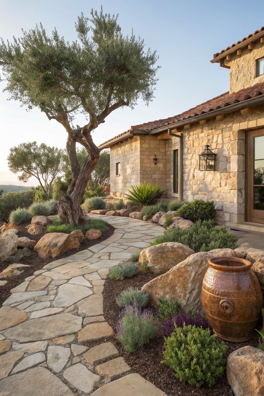 Winding irregular stone pathway through a garden bed filled with large boulders, low shrubs, lavender plants, grasses, a terracotta pot, and olive trees, leading to the entry of a beige stone house with red tile roof under a clear sky.