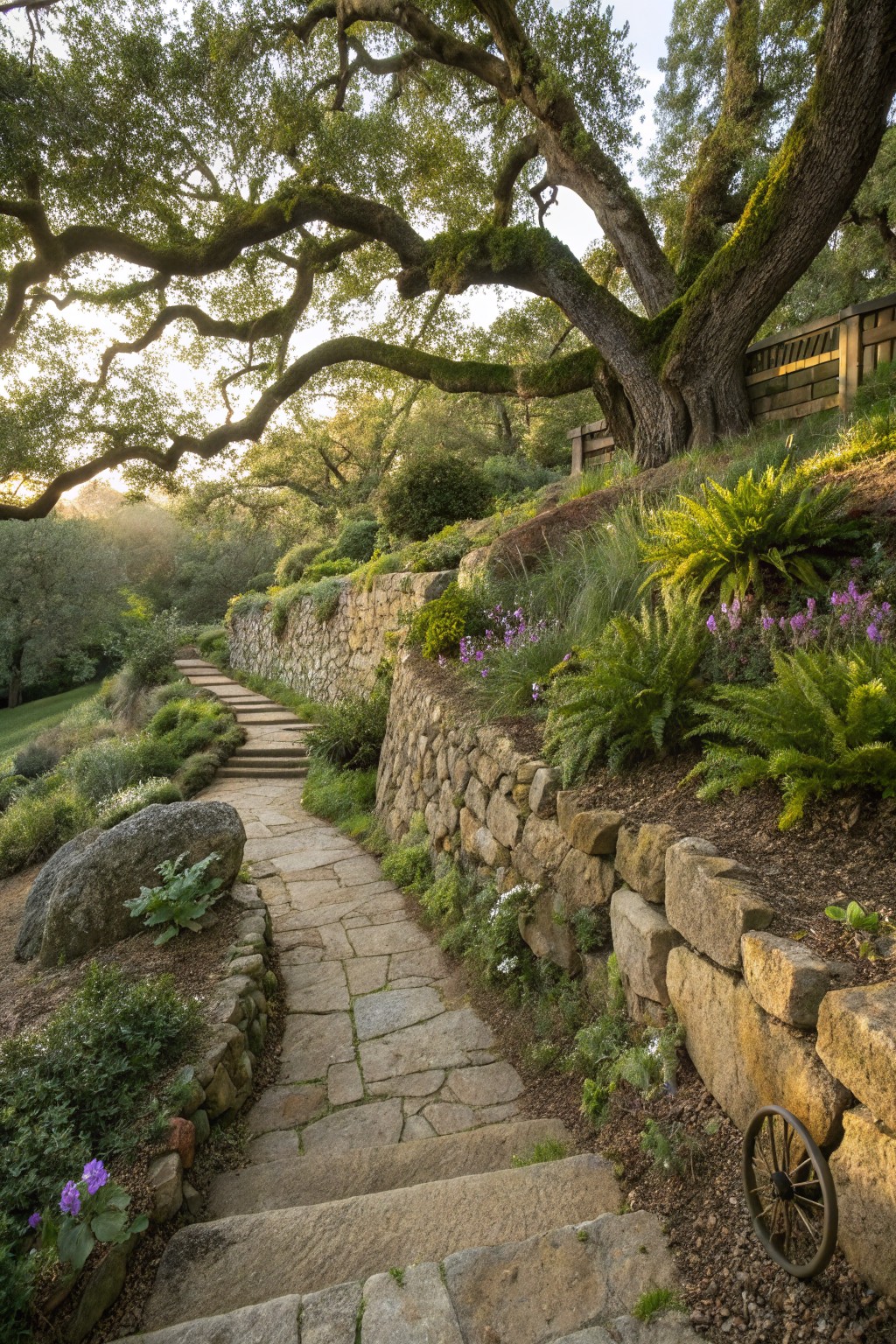 Winding stone pathway with steps ascends a hillside beside a dry-stacked rock wall, featuring ferns, purple flowers, boulders, and overhanging oak branches with moss.