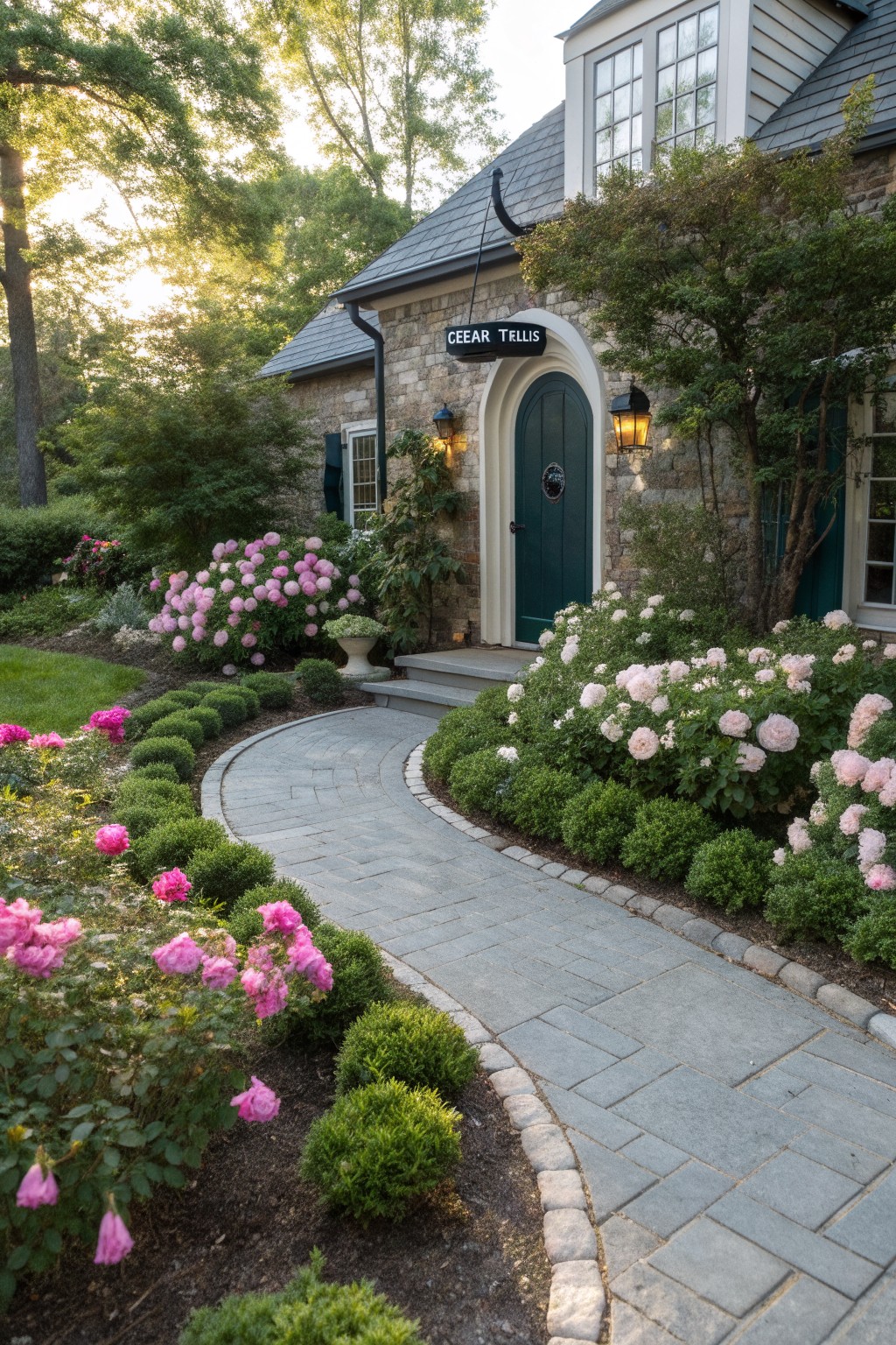 Stone house with green entry door and arched sign, curved gray paver path leading through garden beds of pink peony-like blooms, boxwood shrubs, and green trees in evening light.
