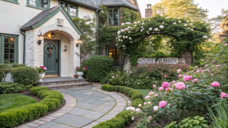 Stone house with green entry door and arched sign, curved gray paver path leading through garden beds of pink peony-like blooms, boxwood shrubs, and green trees in evening light.