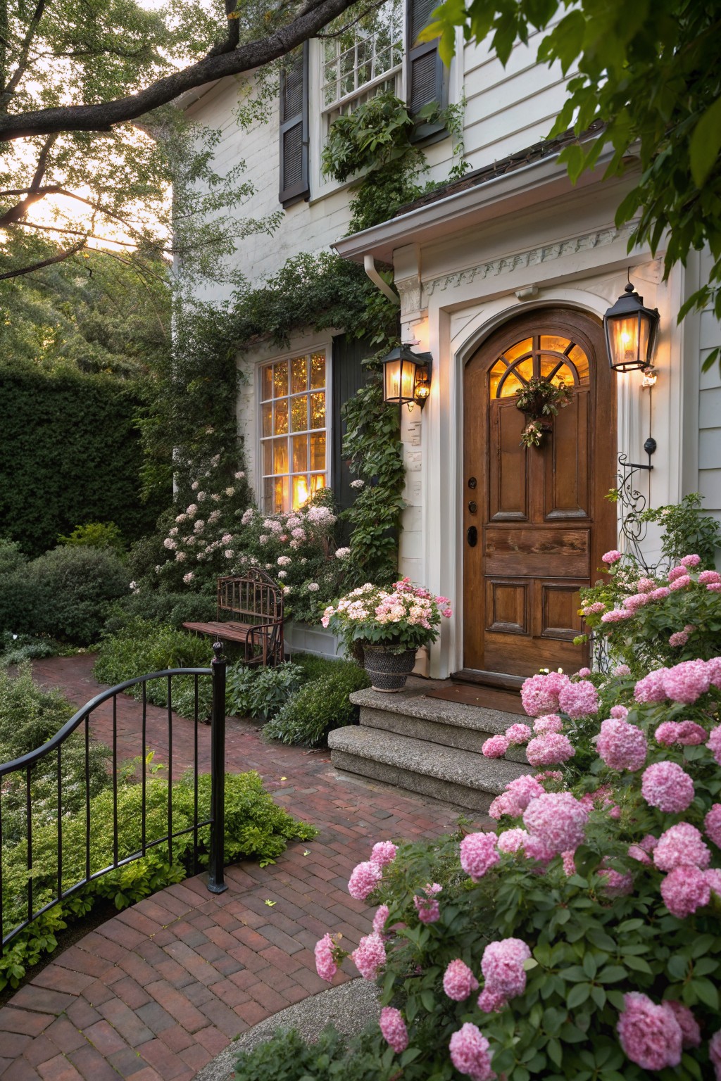 White clapboard house exterior with wooden arched front door lit by lanterns, surrounded by green ivy and shrubs, large pink blooming flower clusters near stone steps, brick path with black iron railing, and metal bench.