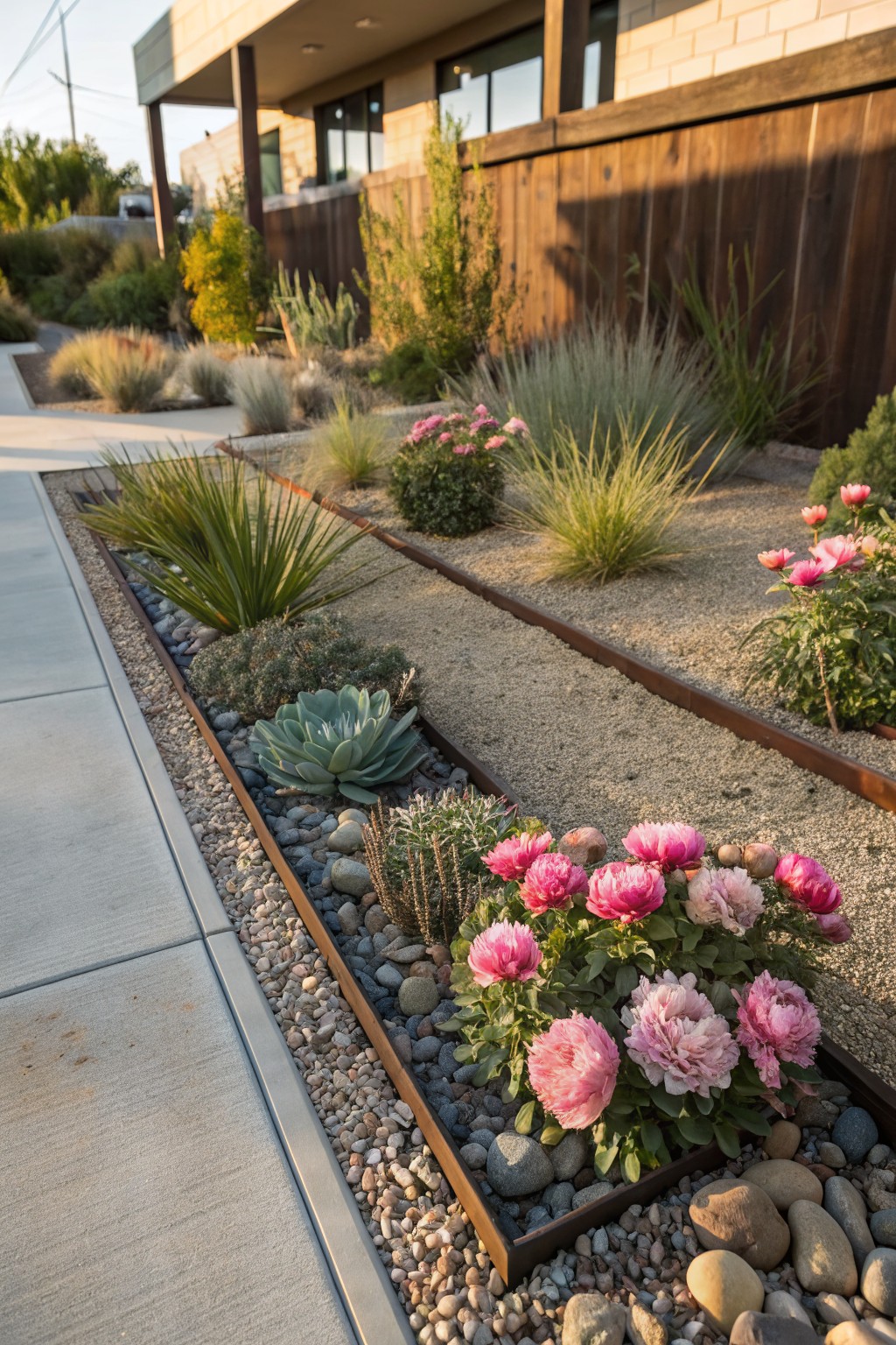 Front yard with pink peonies in linear gravel beds edged by rusted steel along a concrete sidewalk, mixed with succulents, fan palms, grasses, and river rocks next to a modern house facade.