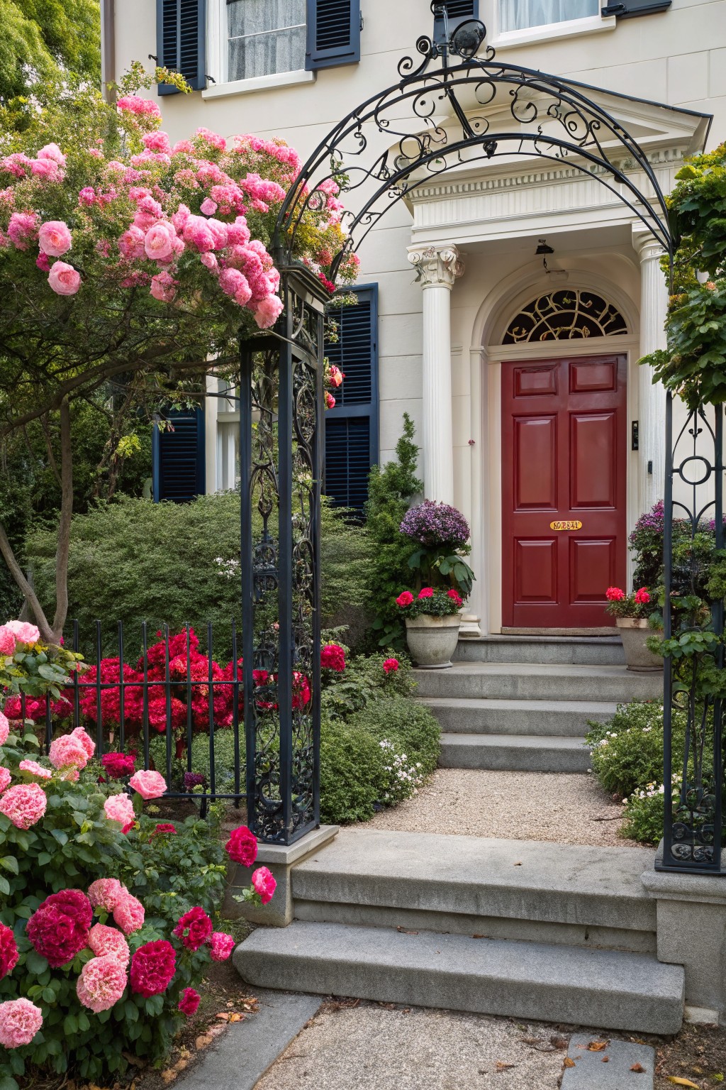 White house exterior with blue shutters, red front door, and black wrought-iron archway gate covered in pink climbing roses, surrounded by pink flower beds, potted plants, and stone steps.