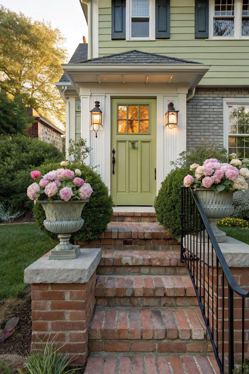 Green front door on a light green house with white lanterns and sidelights, flanked by large white urns overflowing with pink peonies on stone pedestals beside brick steps with black metal railing and boxwood shrubs.