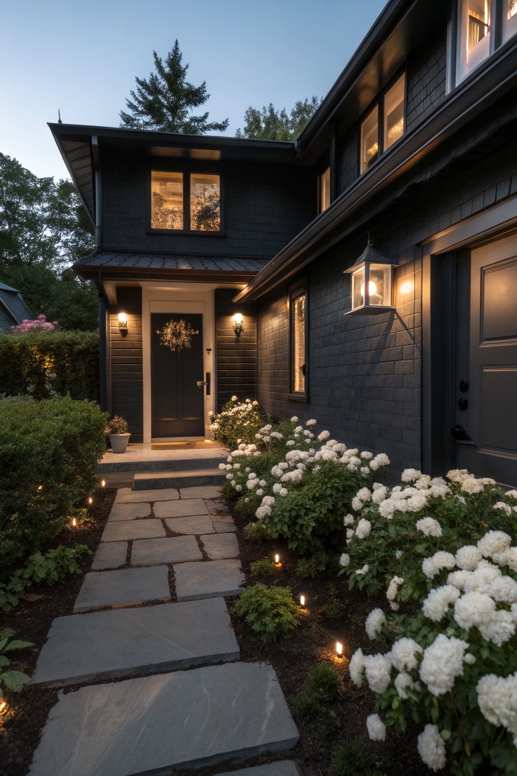 Evening photo of a dark shingled house exterior with a flagstone pathway leading to the front door, lined by white blooming hydrangea bushes and ground-level lights.