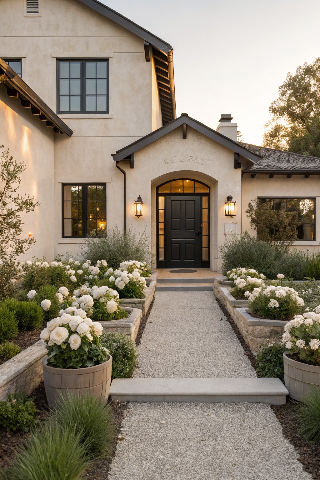 Front exterior of a beige stucco house with black window frames and an arched glass door, approached by a straight gravel path flanked by raised stone beds of white flowering plants and large potted roses.