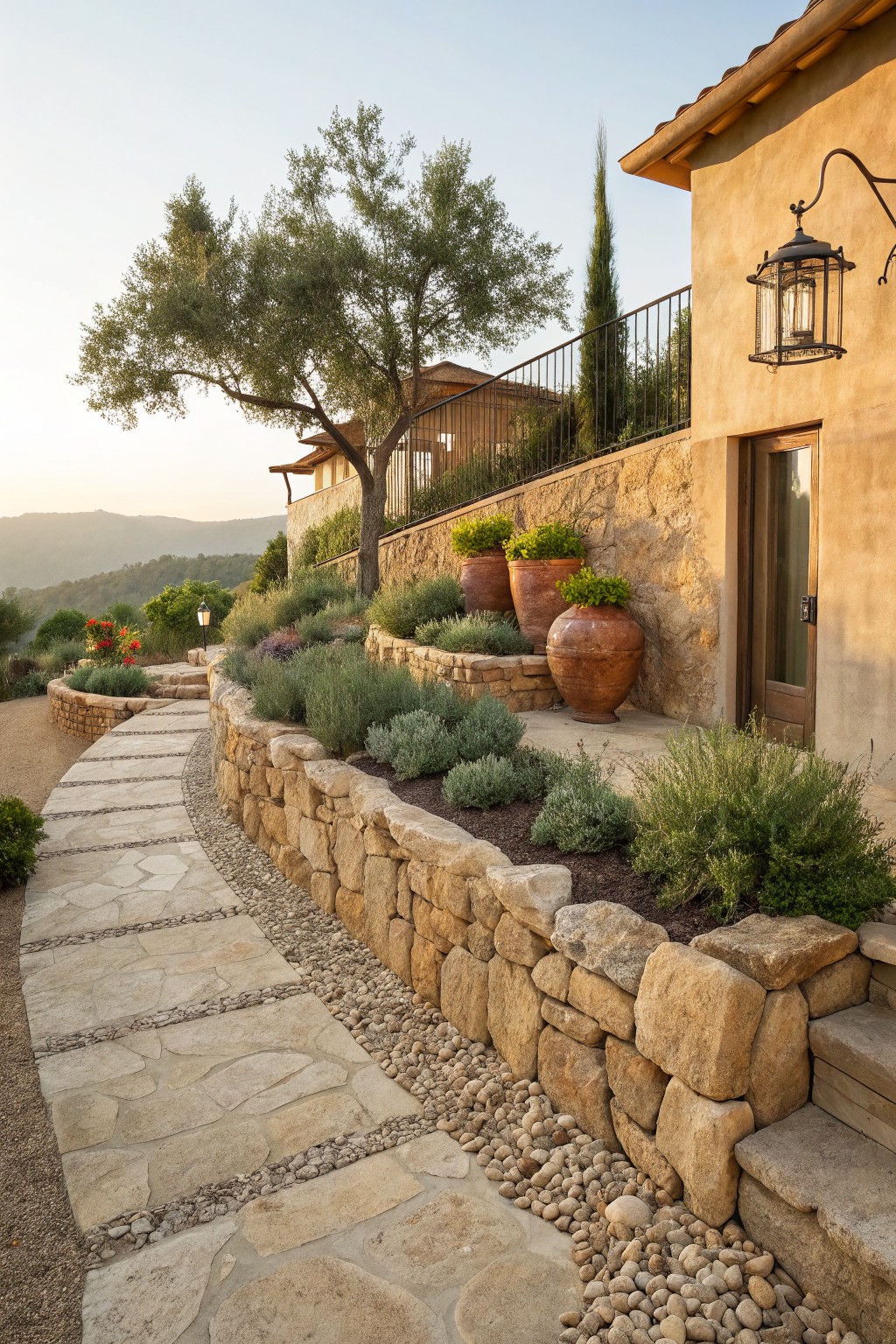 Winding flagstone path alongside a dry-stacked stone retaining wall with gravel mulch, low shrubs, and large terracotta pots on a hillside near a stucco house wall and door.