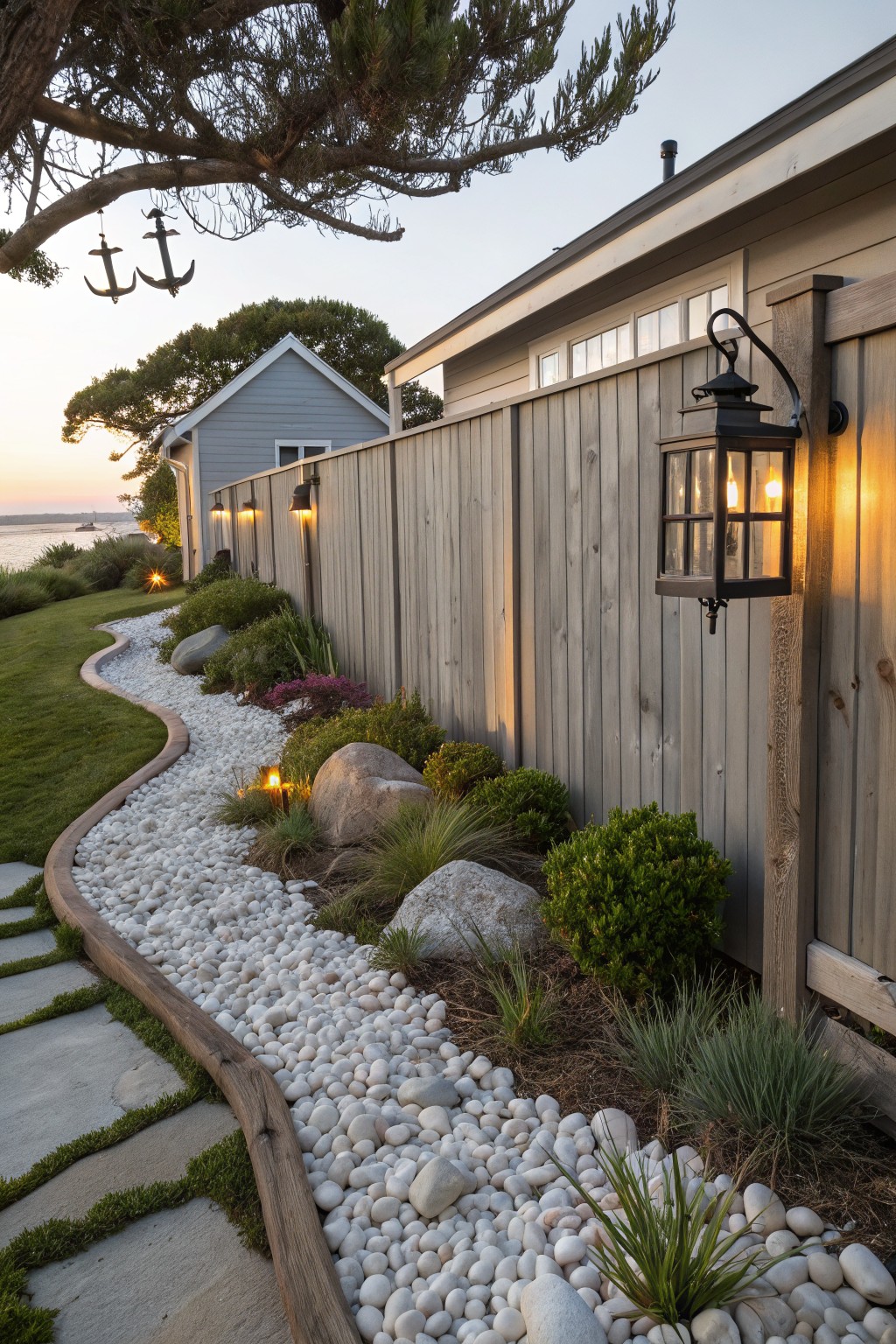A winding path of white pebbles curves along a gray wooden fence, bordered by wood edging, low plants, grasses, boulders, and small landscape lights, with a house, trees, and water body in the background.
