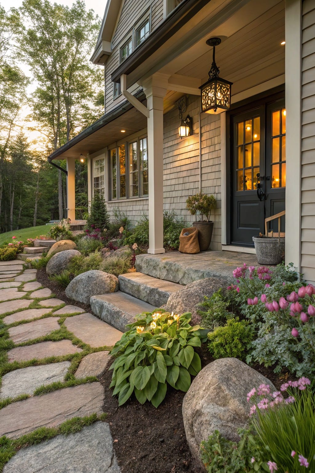 Shingle-clad house exterior featuring a covered porch with black double doors, granite stone steps, flagstone path curving through large boulders and flowering plants in beds along the foundation, with trees and lanterns nearby at evening light.