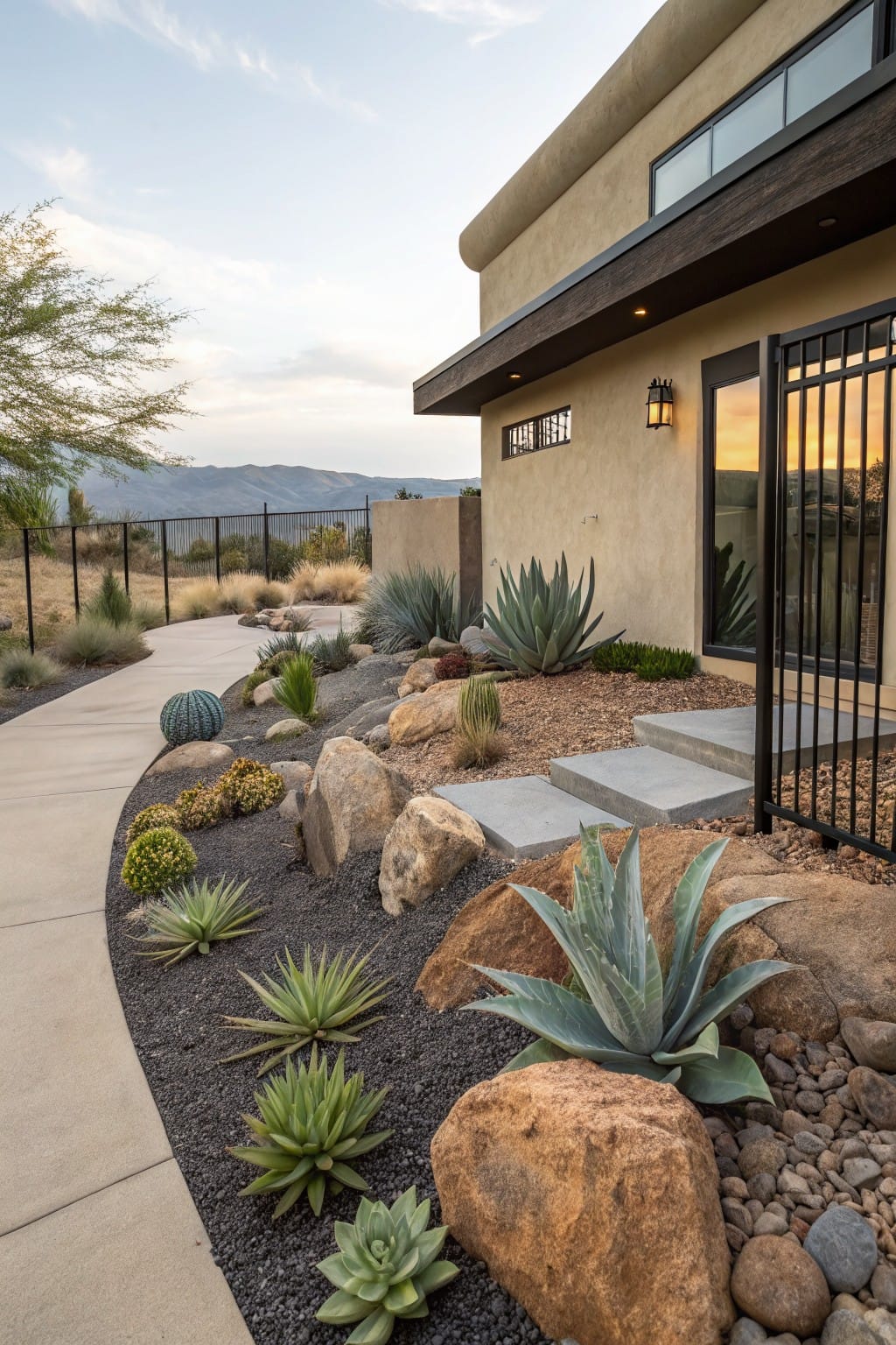 Side exterior of a curved beige stucco house with black metal gate, concrete steps, and foundation landscaping of large boulders, gravel mulch, agave plants, and succulents along a concrete pathway in a desert landscape at dusk.